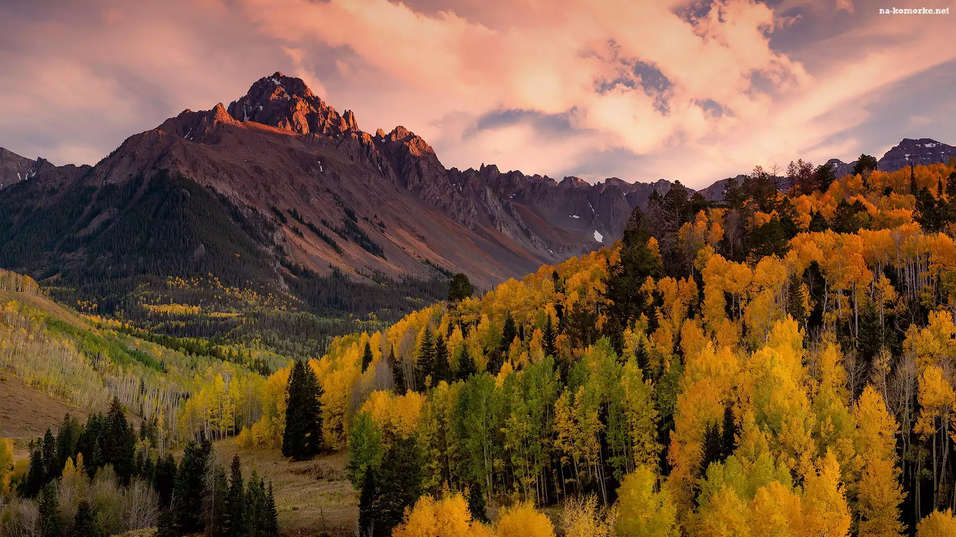 Góra Mount Sneffels, Góry, Jesień, Lasy, Stany Zjednoczone, San Juan Mountains, Kolorado, Drzewa, Przełęcz Dallas Divide