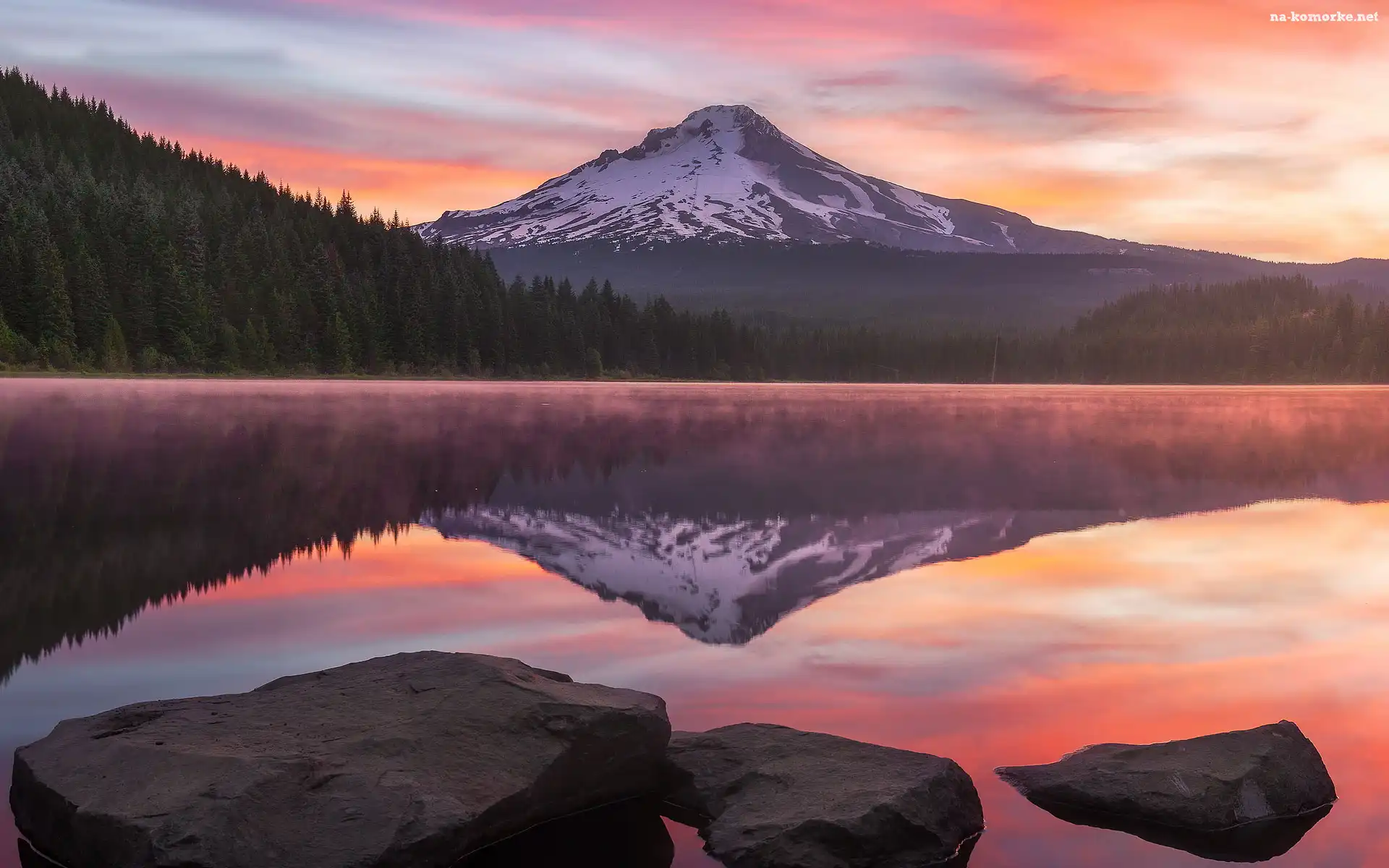 Jezioro, Stratowulkan, Stany Zjednoczone, Góra, Stan Oregon, Kamienie, Trillium Lake, Mount Hood, Drzewa, Lasy