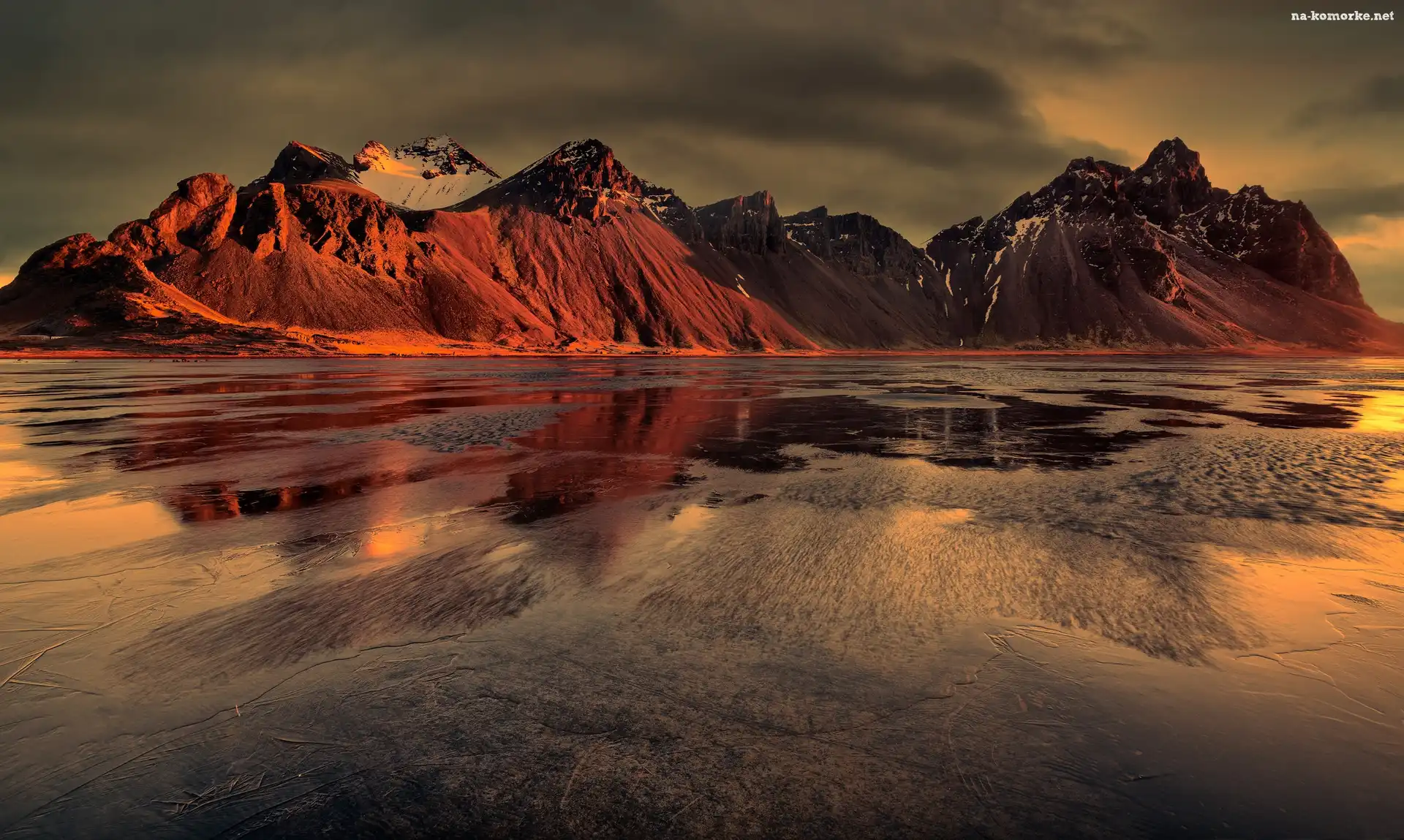 Góry, Góra Vestrahorn, Plaża Stokksnes, Islandia, Zachód słońca