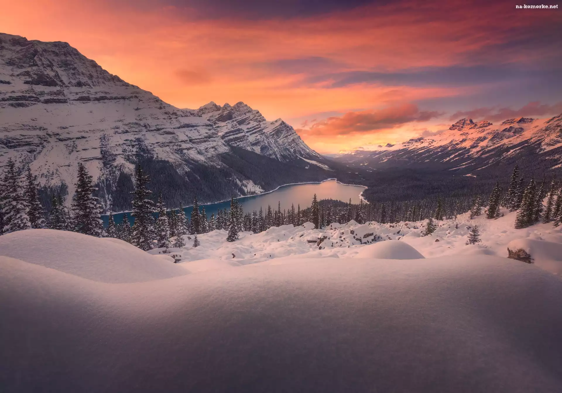 Jezioro Peyto Lake, Kanada, Góry Canadian Rockies, Zachód Słońca, Park Narodowy Banff, Alberta