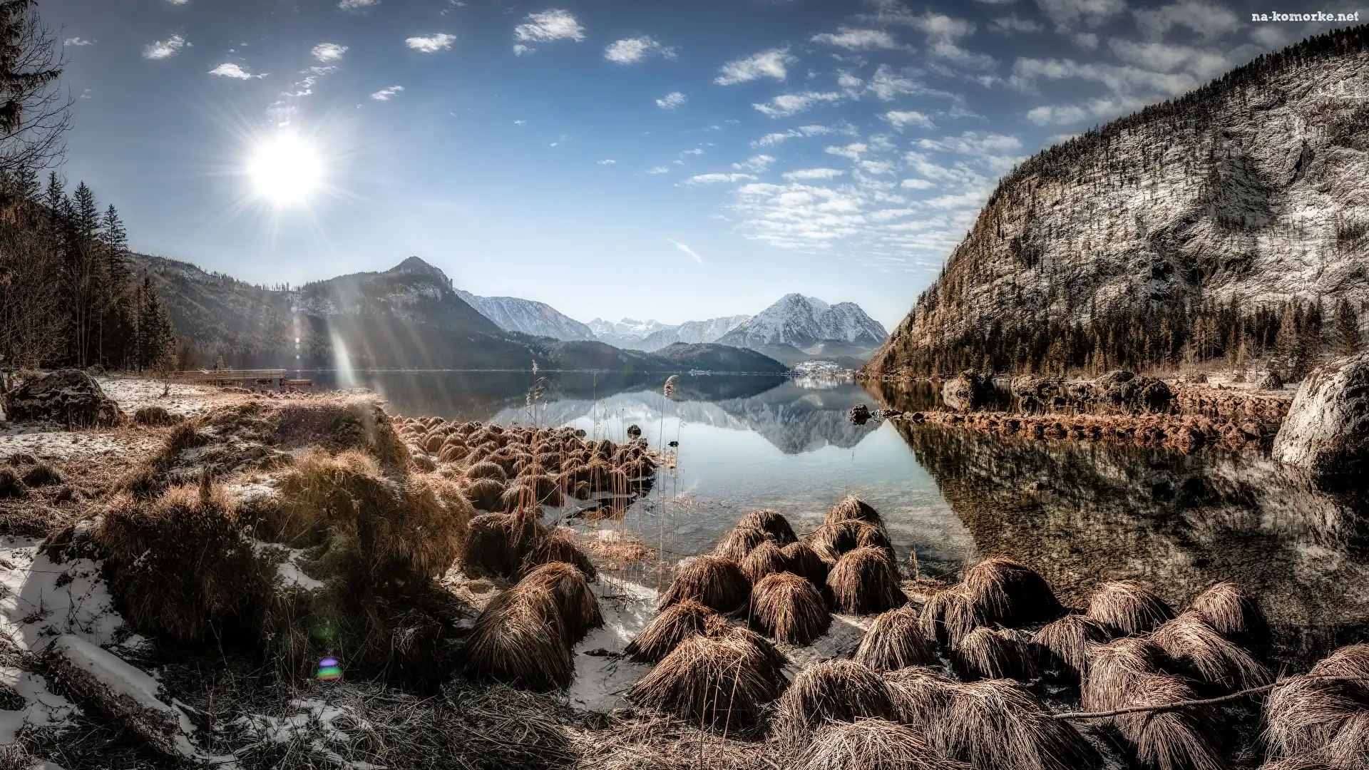 Kamienie, Niebo, Góry, Sucha, Austria, Promienie słońca, Styria, Trawa, Jezioro Altausseer