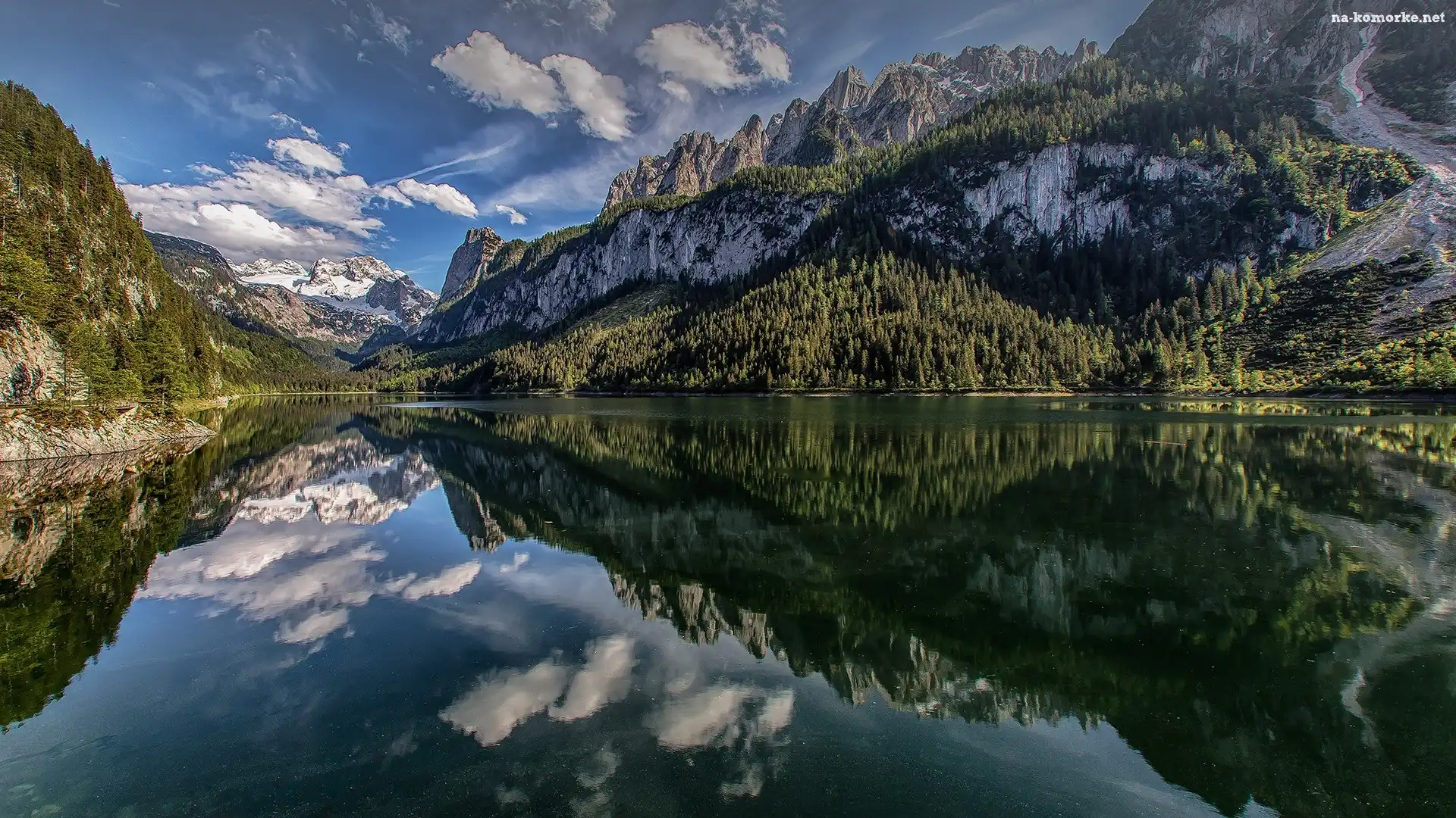 Drzewa, Góry Dachstein, Austria, Odbicie, Jezioro Gosau, Chmury