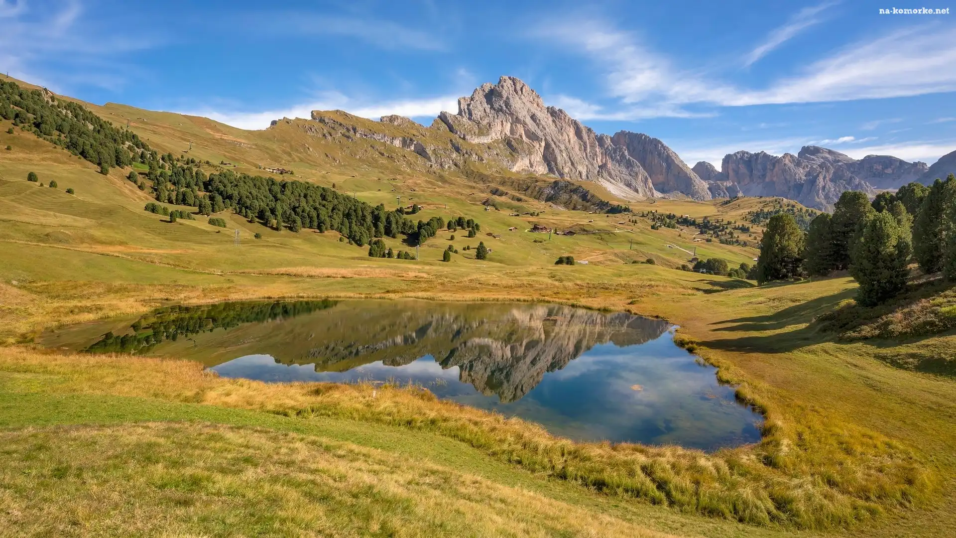 Góry, Gmina Santa Cristina Val Gardena, Włochy, Dolomity, Jezioro Lech Sant, Drzewa, Łąka