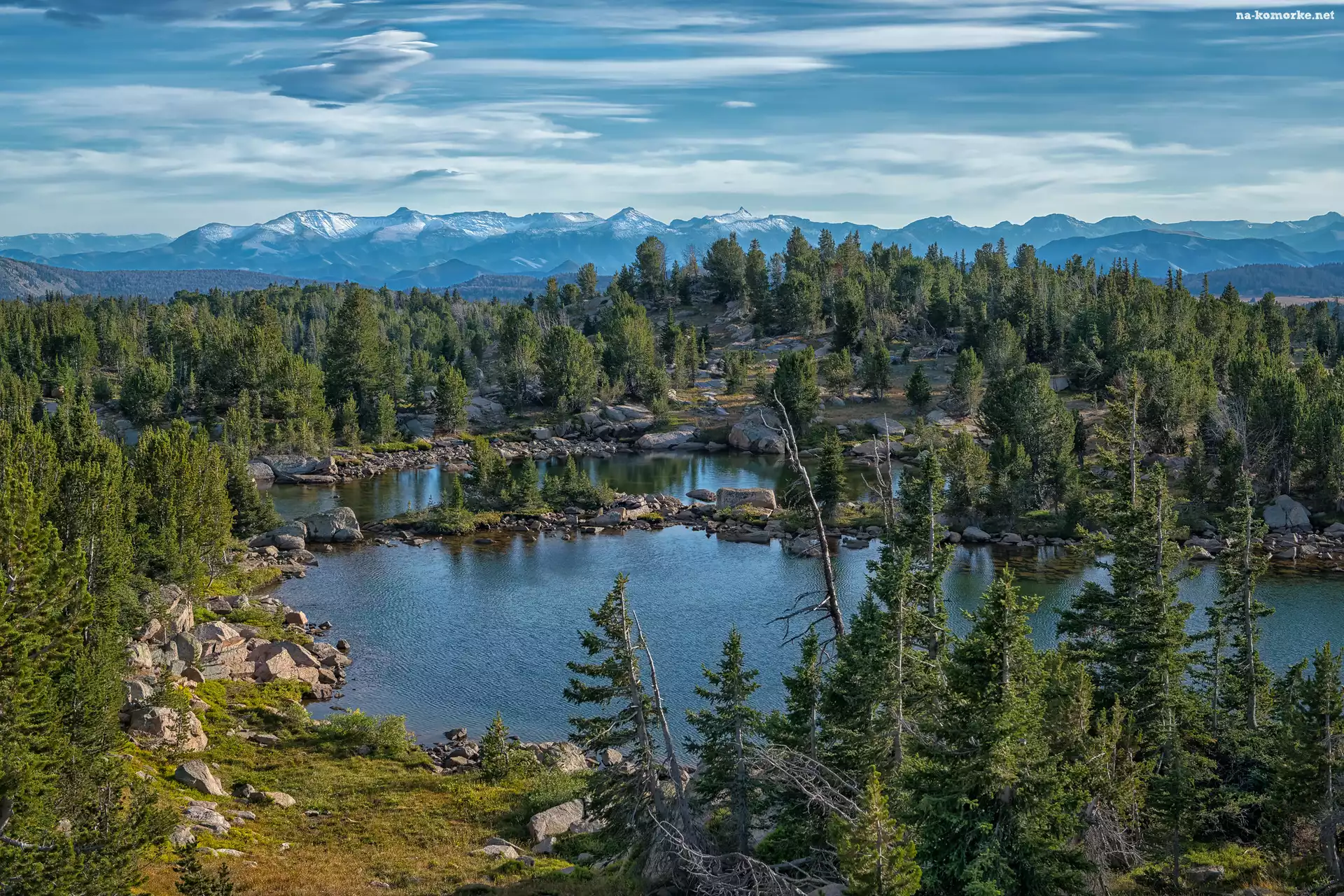 Góry Absaroka, Wyoming, Staw, Stany Zjednoczone, Drzewa, Świerki, Kamienie