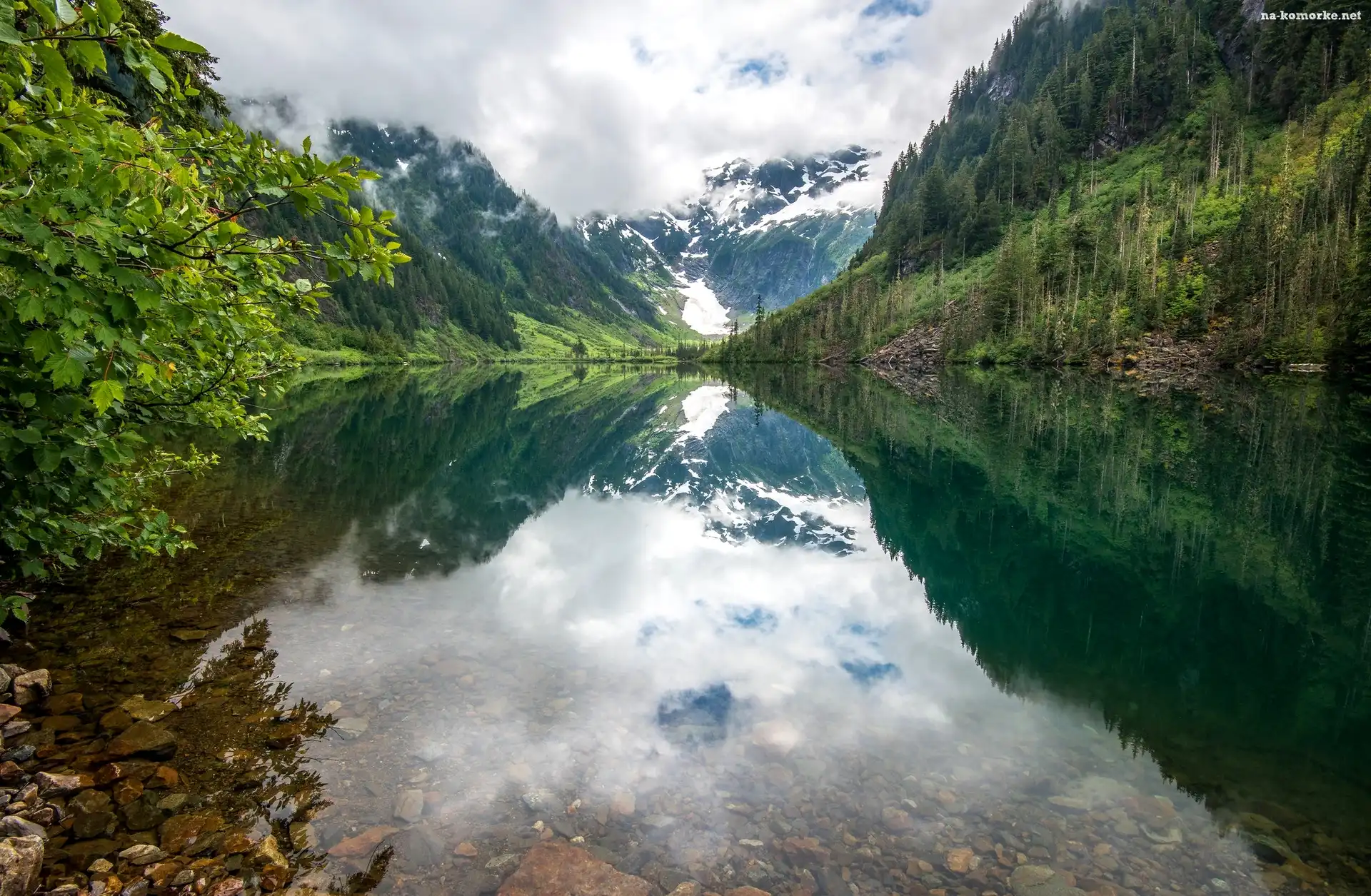 Góry, Stan Waszyngton, Drzewa, Stany Zjednoczone, Jezioro Goat Lake, Odbicie, Kamienie, Park Narodowy Północnych Gór Kaskadowych