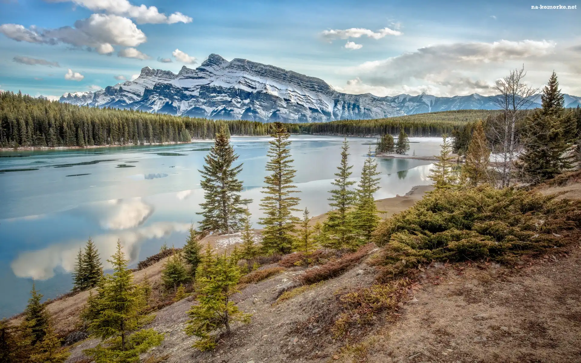 Góry, Lasy, Kanada, Mount Rundle, Prowincja Alberta, Park Narodowy Banff, Góra, Drzewa, Jezioro, Two Jack Lake