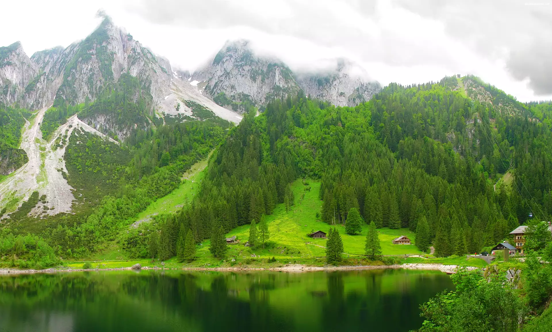 Góry, Budynki, Jezioro, Drzewa