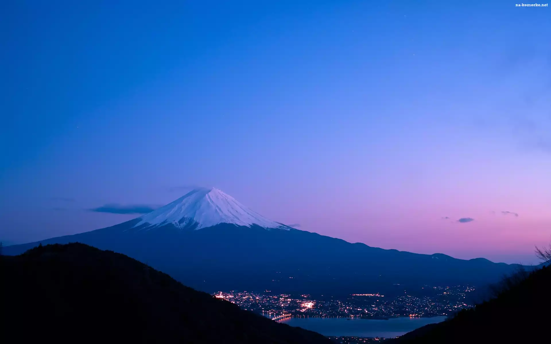 Góry, Miasto, Fudżi, Japonia, Jezioro, Noc