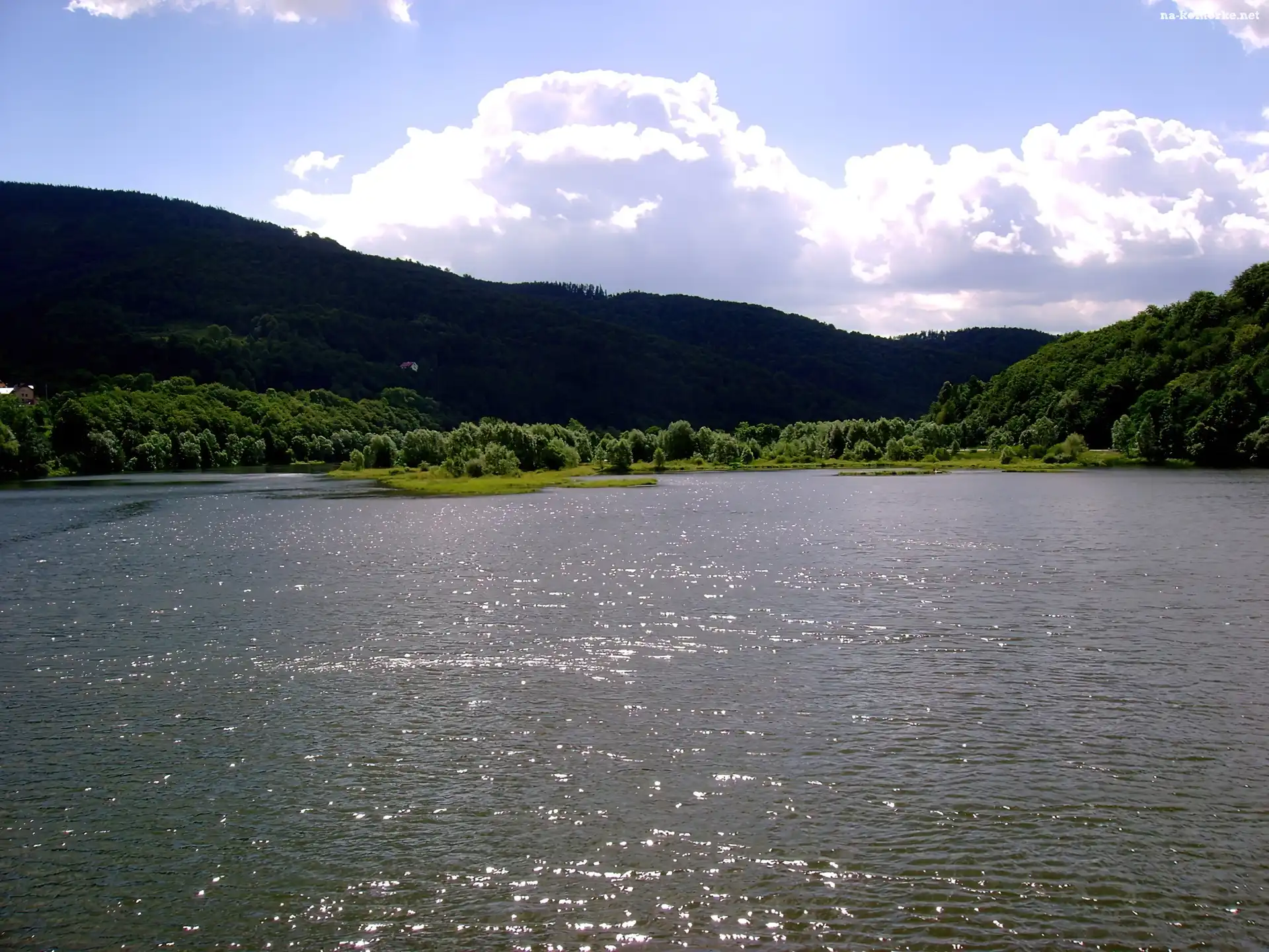 Góry, Niebo, Jezioro, Drzewa