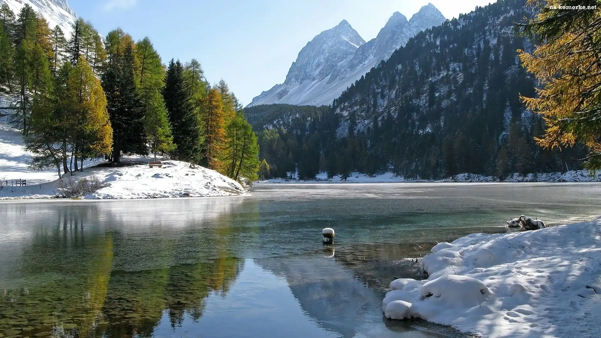 Góry, Śnieg, Jezioro, Drzewa