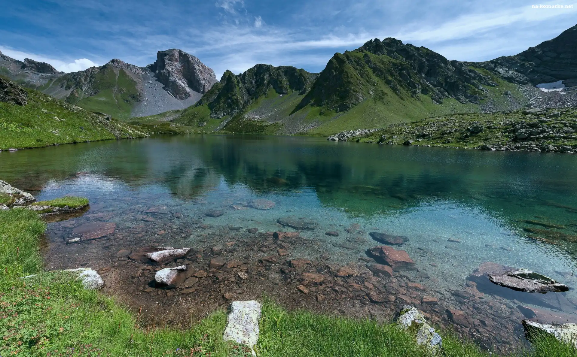 Góry, Trawa, Jezioro, Kamienie