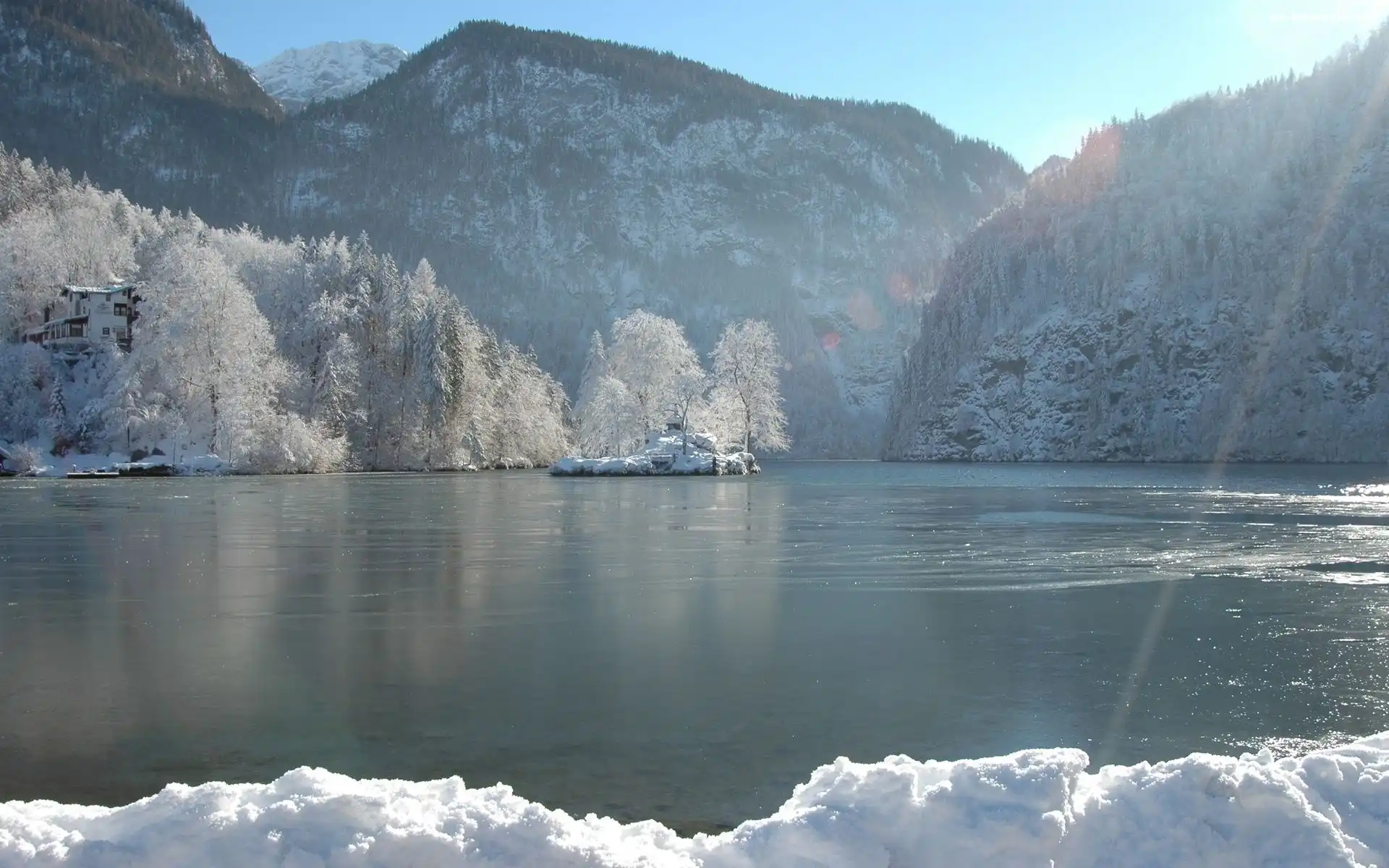 Góry, Zima, Jezioro, Drzewa
