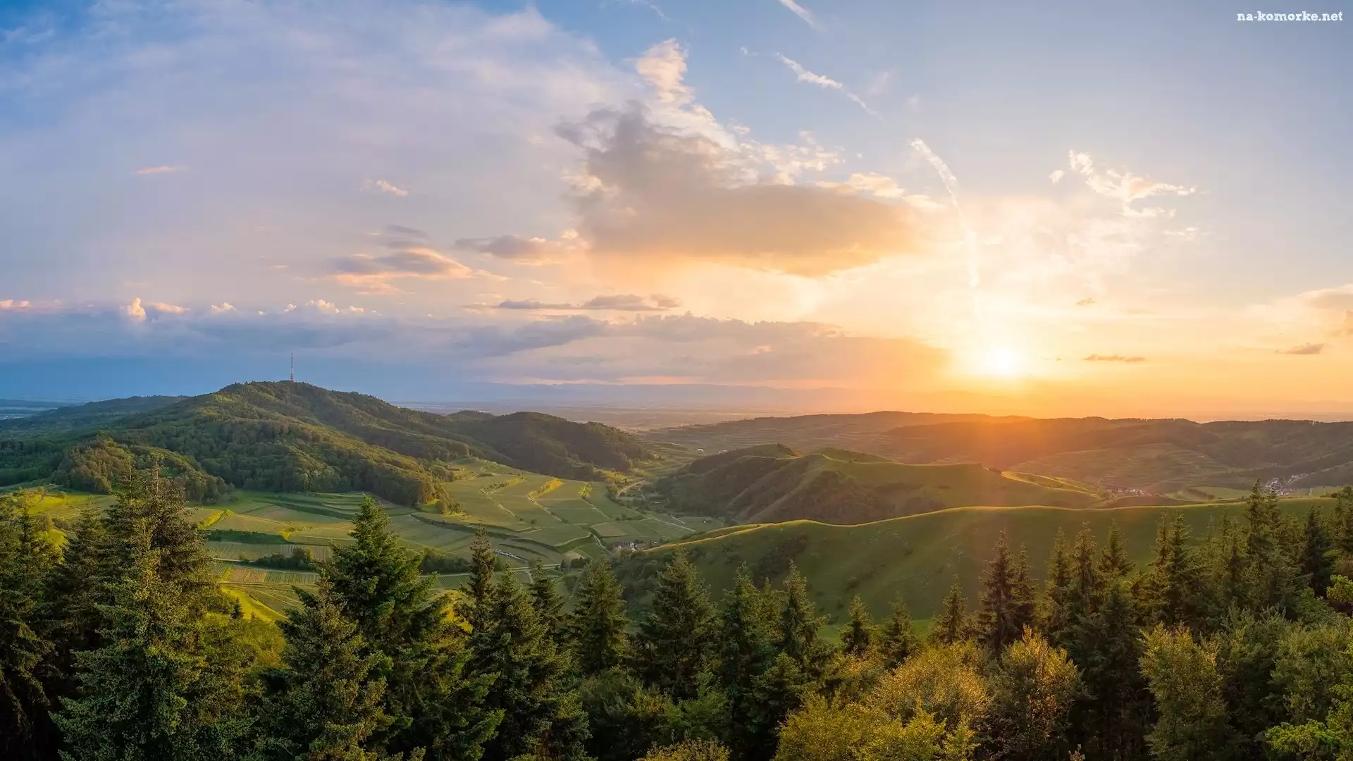 Promienie słońca, Kaiserstuhl, Pola, Niemcy, Wzgórza, Drzewa, Las, Góry