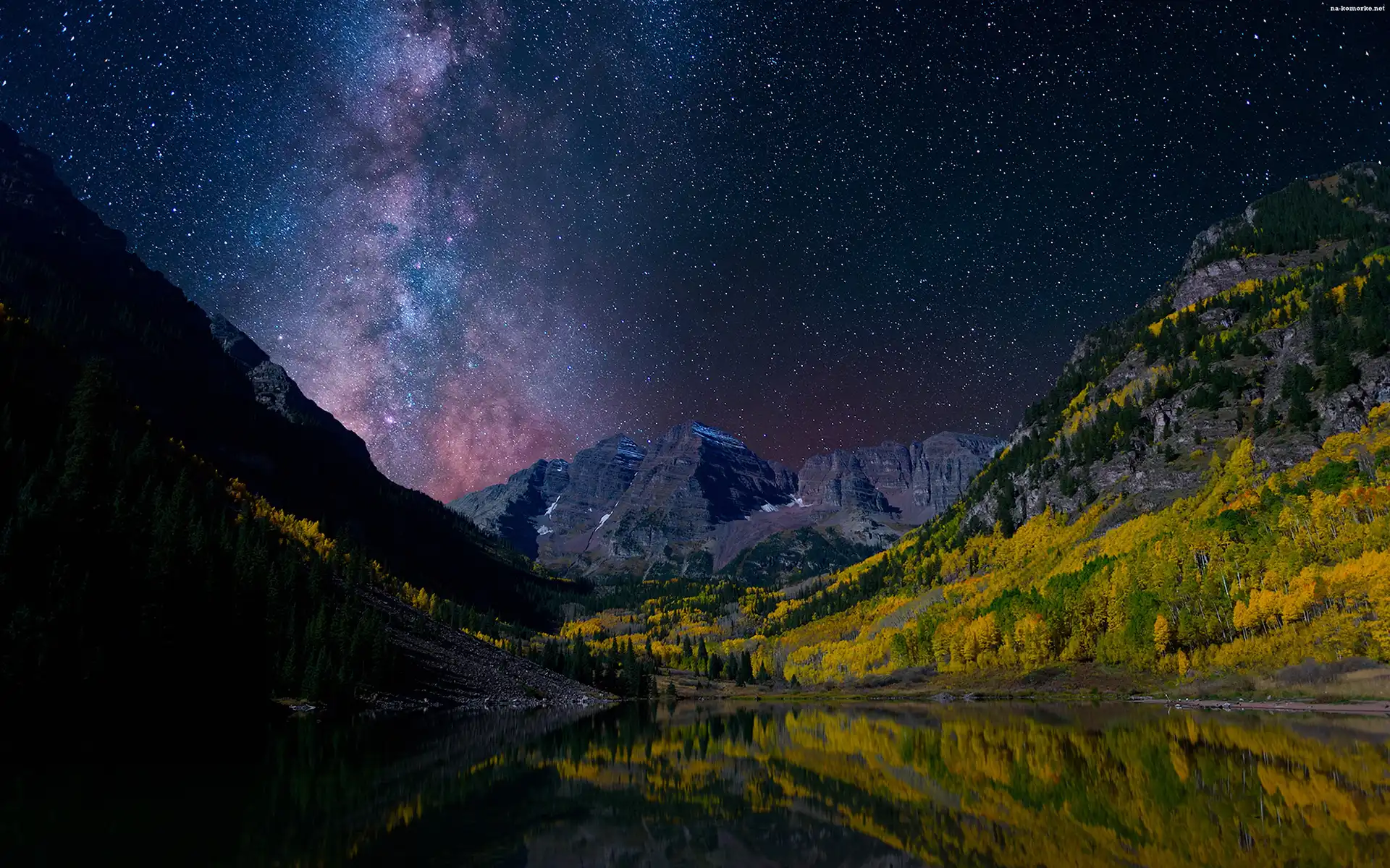 Góry Skaliste, Maroon Bells, Stany Zjednoczone, Jezioro Maroon, Gwiazdy, Pasmo górskie Elk, Jezioro, Kolorado, Góry