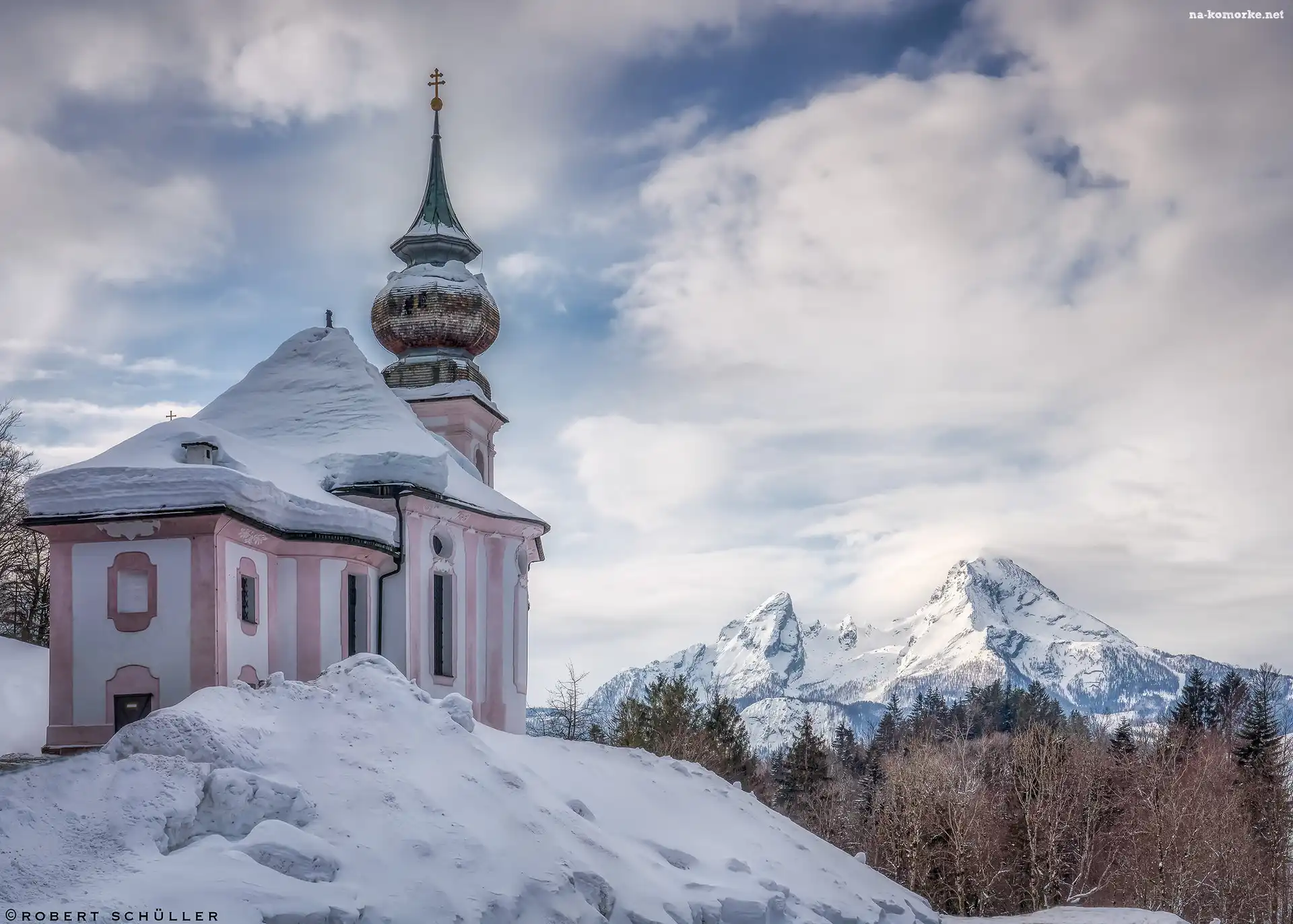 Góry, Drzewa, Niemcy, Kościół, Bawaria, Berchtesgaden, Alpy Salzburskie, Zima, Śnieg, Sanktuarium Maria Gern