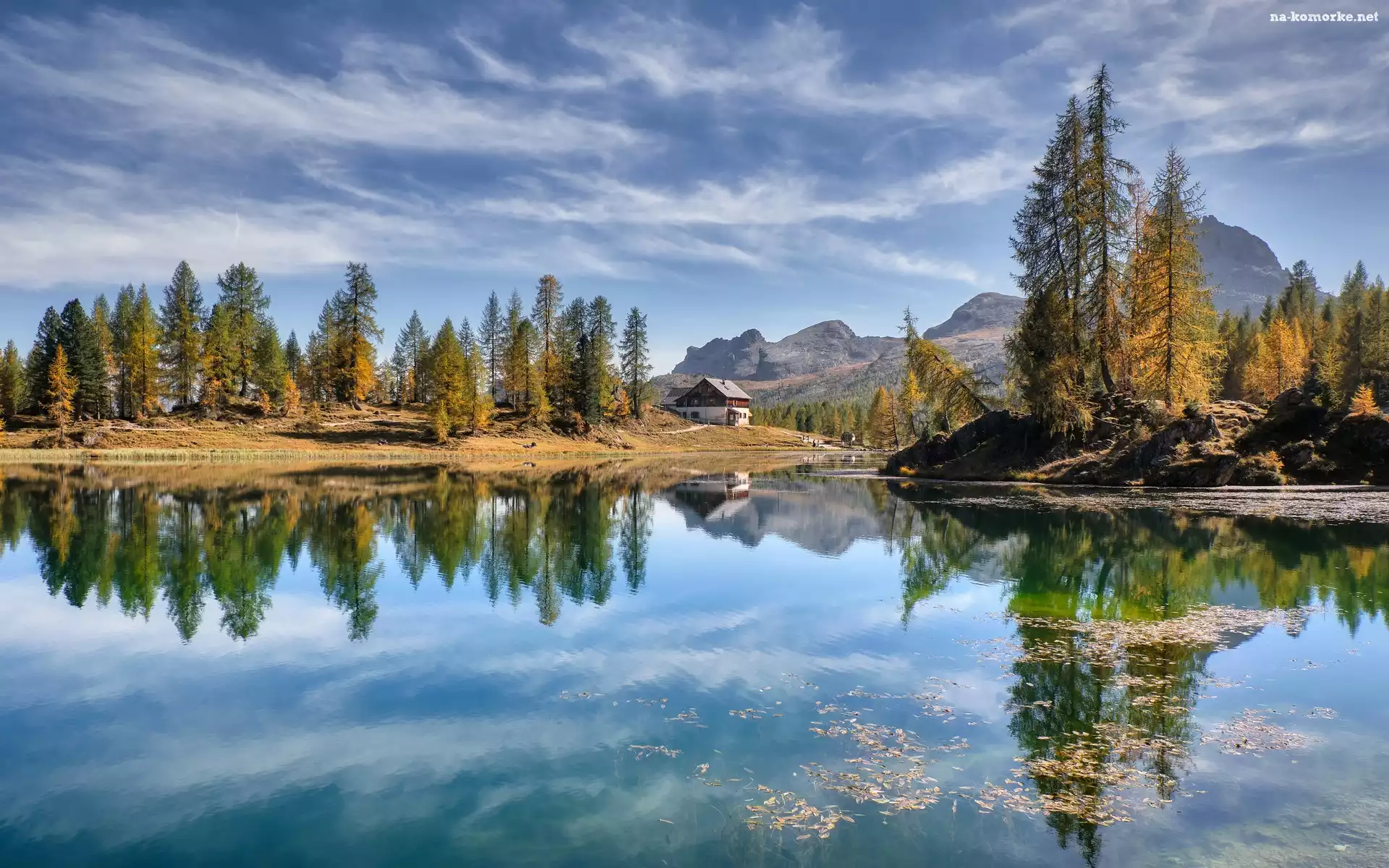Drzewa, Schronisko, Odbicie, Góry Dolomity, Włochy, Prowincja Belluno, Jezioro Lago Federa, Dom, Jesień