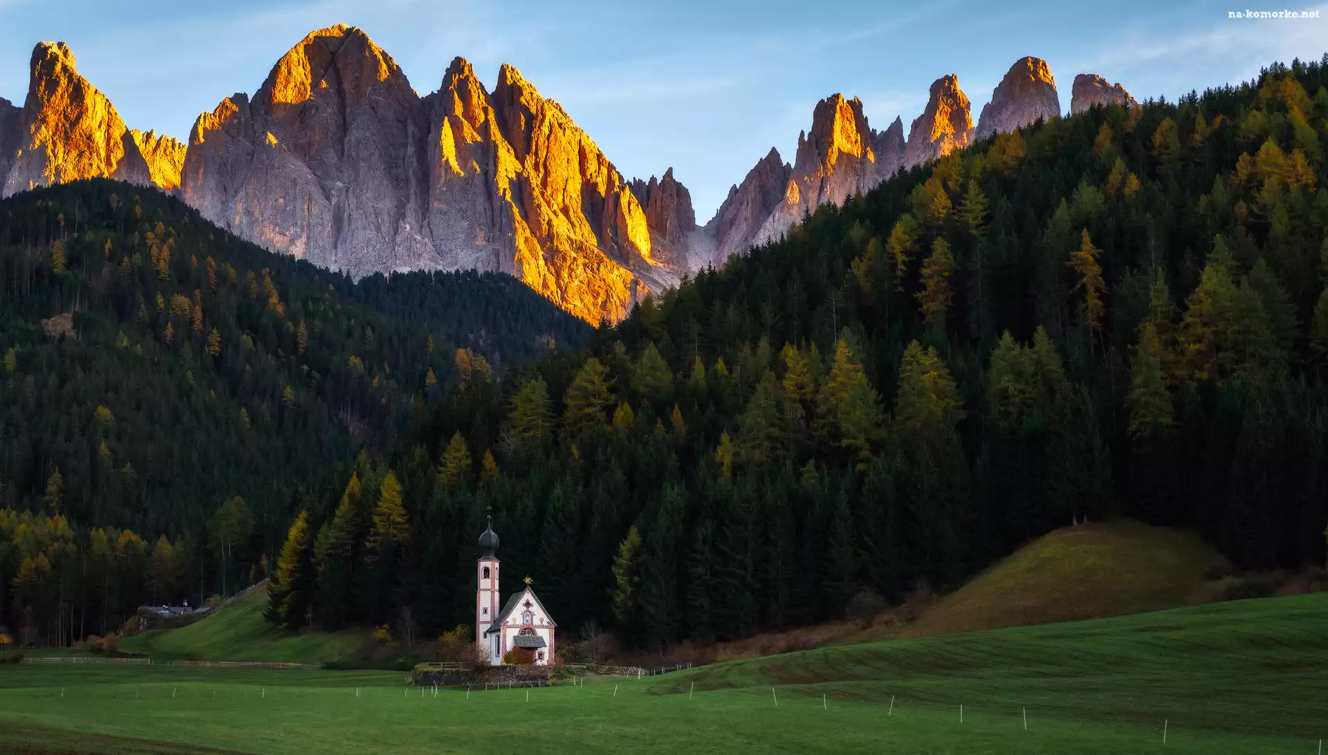Kościół, Villnoss, Góry, Włochy, Las, Dolina Val di Funes, Góry, Dolomity