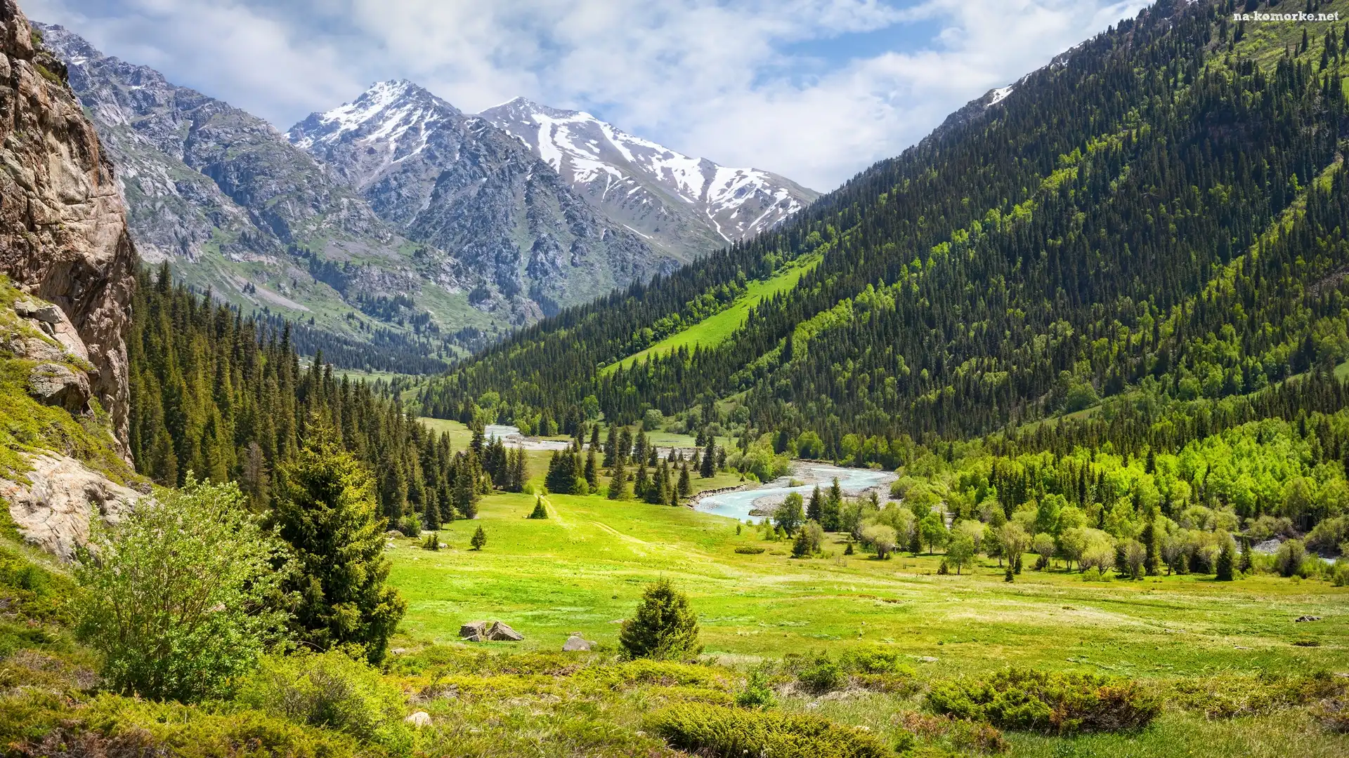 Rzeka, Góry Ałatau Dżungarski, Kazachstan, Chmury, Wąwóz, Las