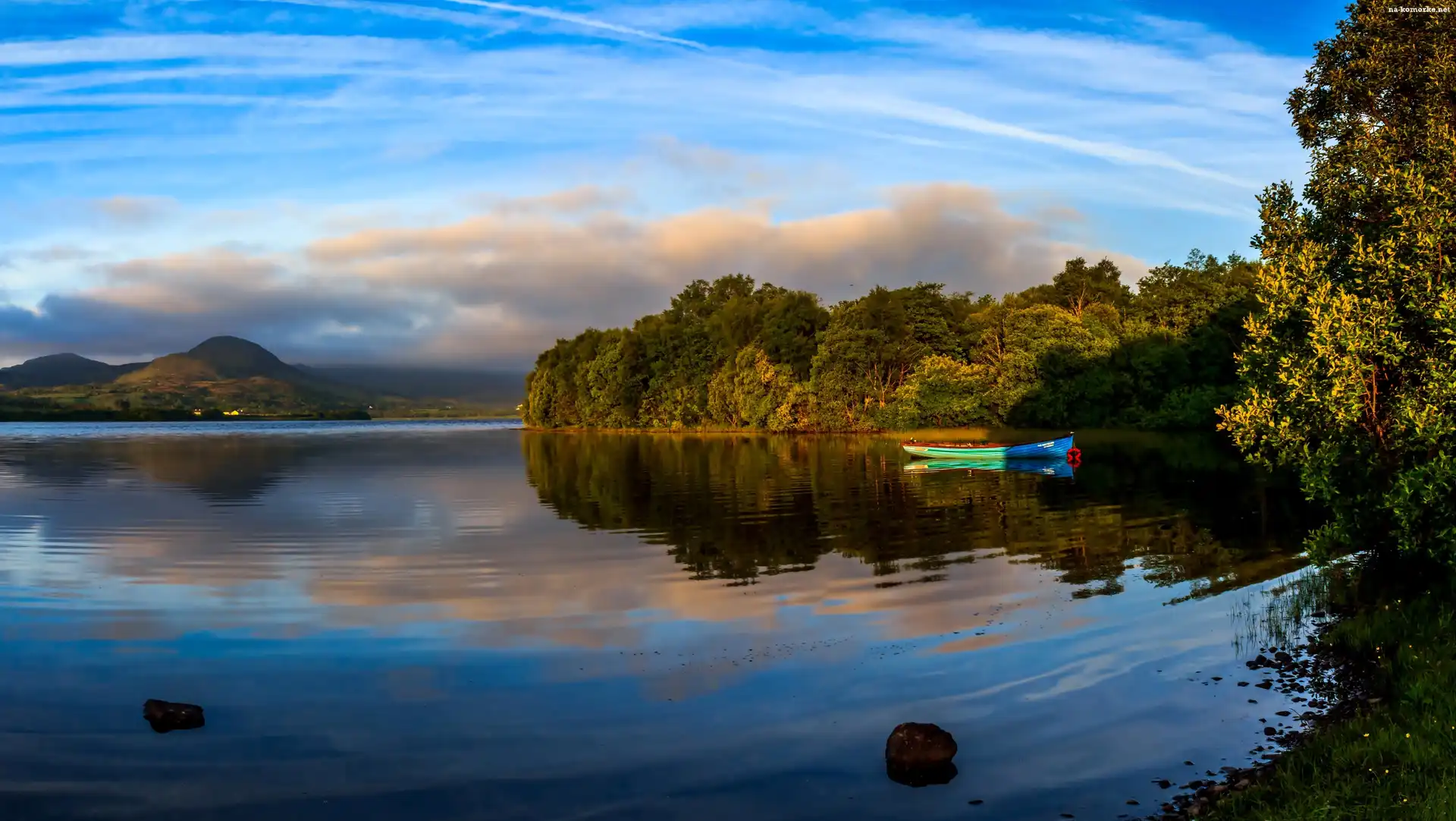 Góry, Łódka, Jezioro, Irlandia, Lasy, Mayo