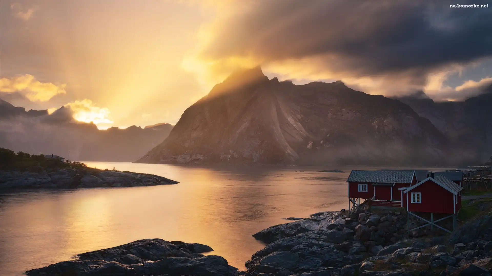 Hamnoy, Lofoty, Morze, Norwegia, Zachód słońca, Domy, Góry