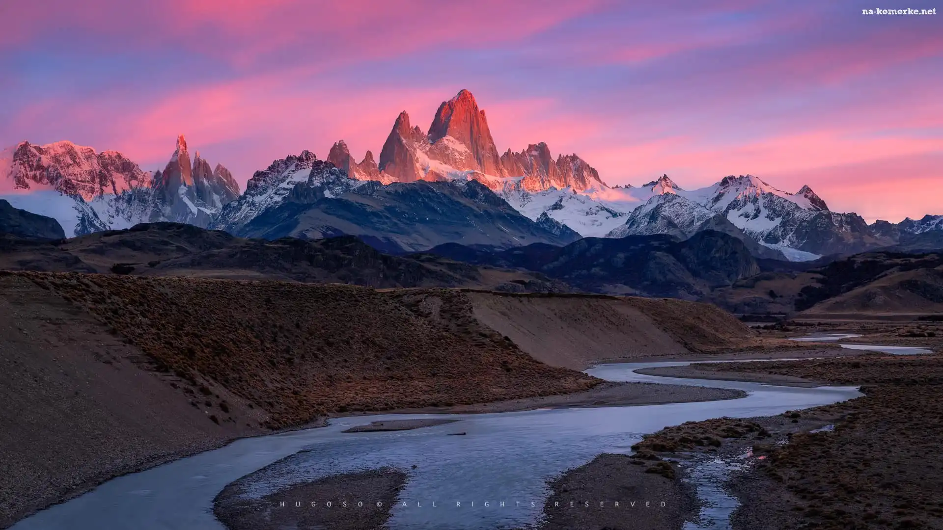 Wschód słońca, Szczyt, Park Narodowy Los Glaciares, Andy, Góry, Patagonia, Argentyna, Fitz Roy, Rzeka