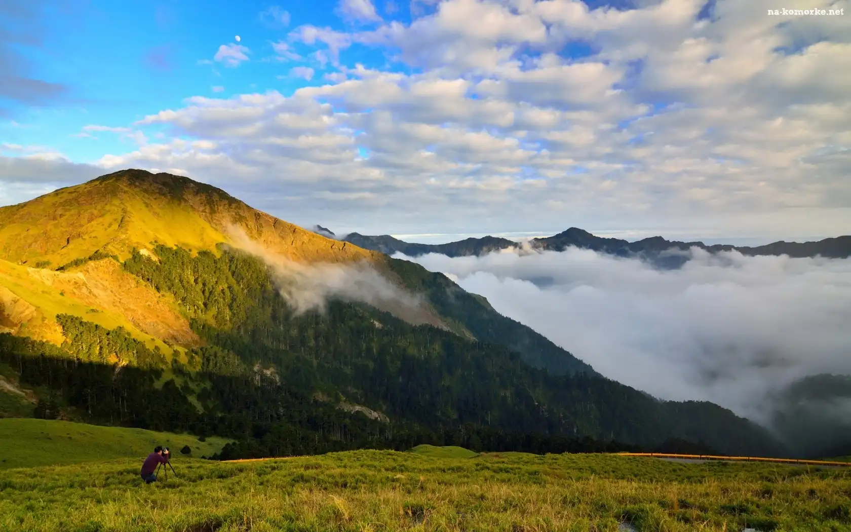 Góry, Fotograf, Mężczyzna, Mgła, Polana, Lasy