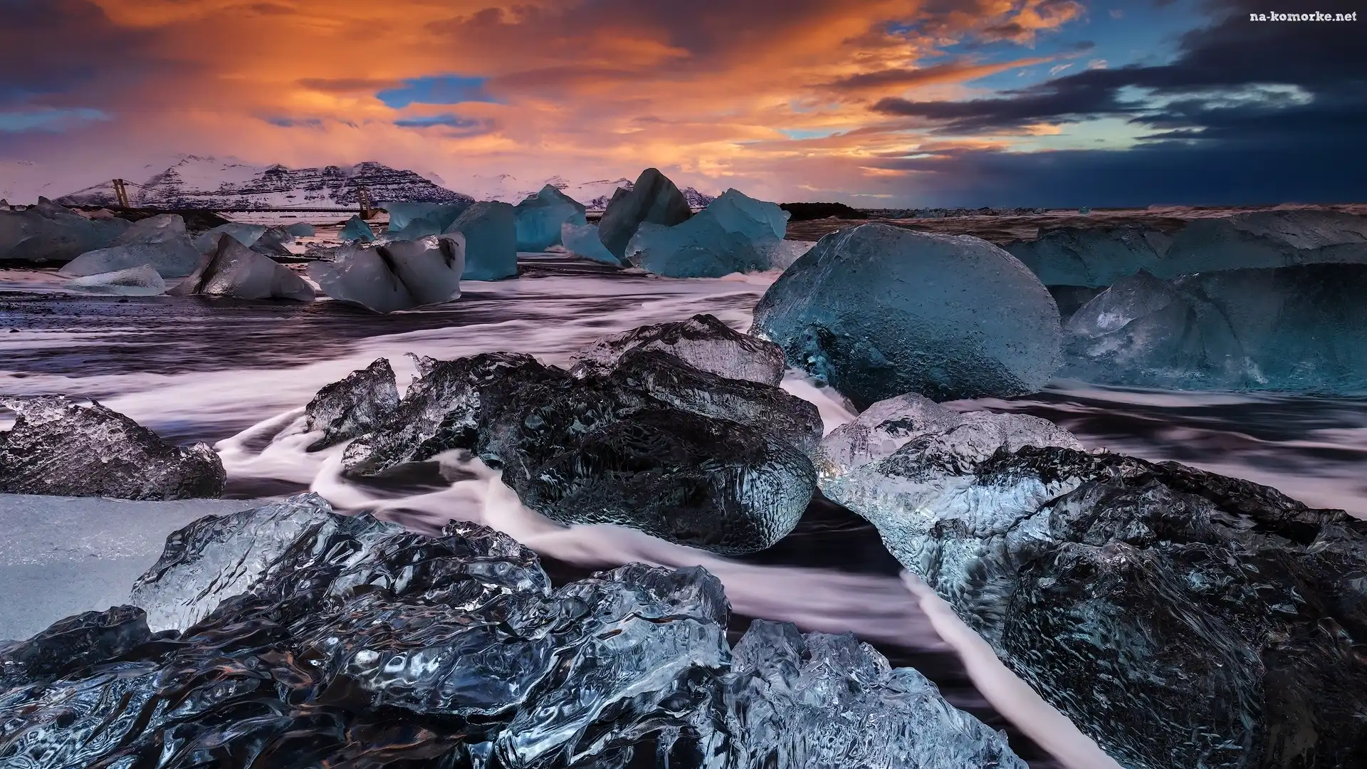 Islandia, Zachód słońca, Zima, Jezioro Jokulsarlon, Bryły, Lód, Góry