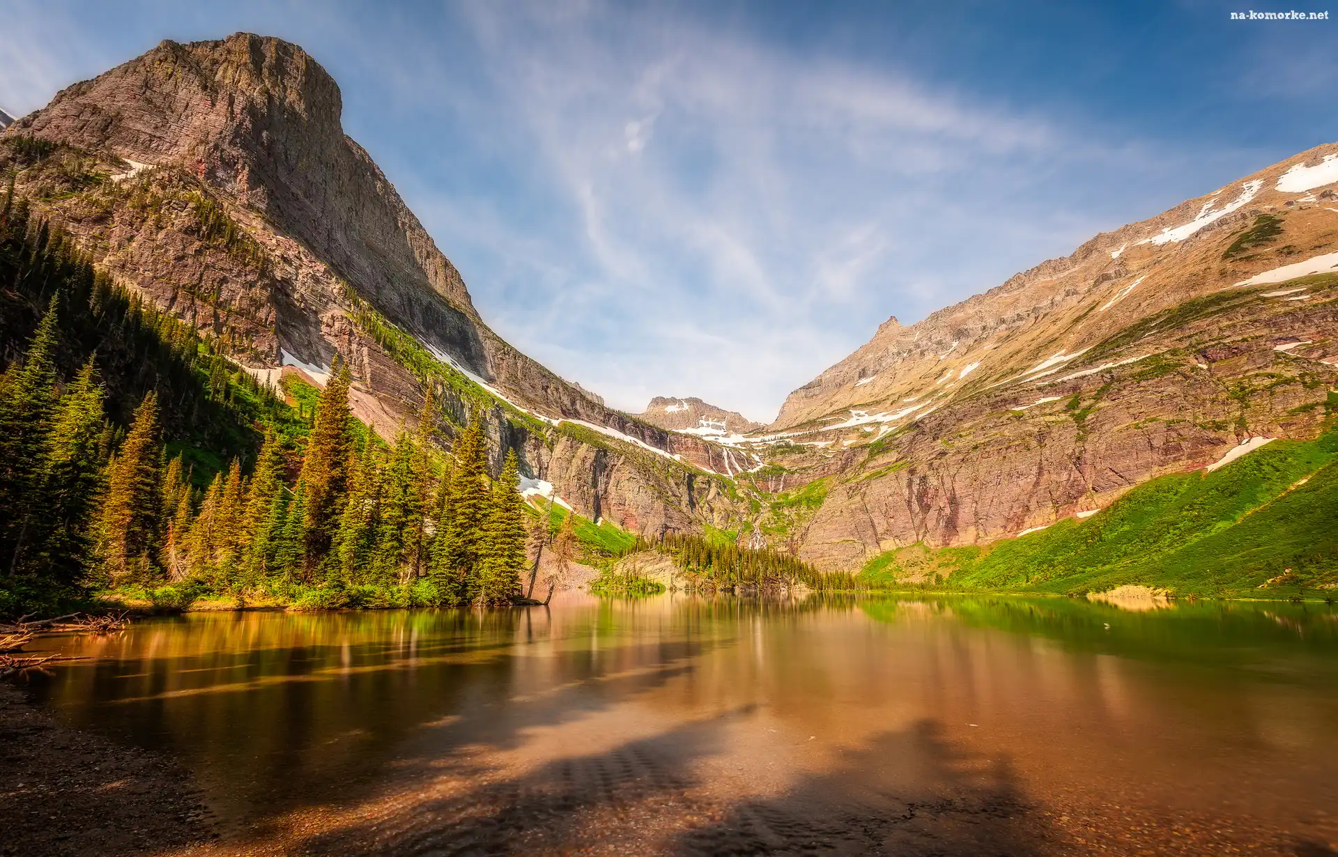 Góry, Montana, Drzewa, Stany Zjednoczone, Jezioro Grinnell Lake, Błękitne, Niebo, Park Narodowy Glacier