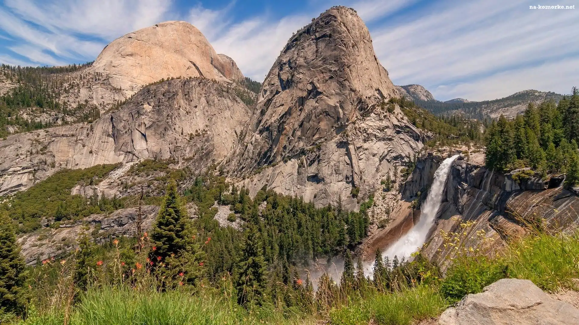 Góry, Kalifornia, Wodospad, Stany Zjednoczone, Sierra Nevada, Nevada Fall, Drzewa, Park Narodowy Yosemite