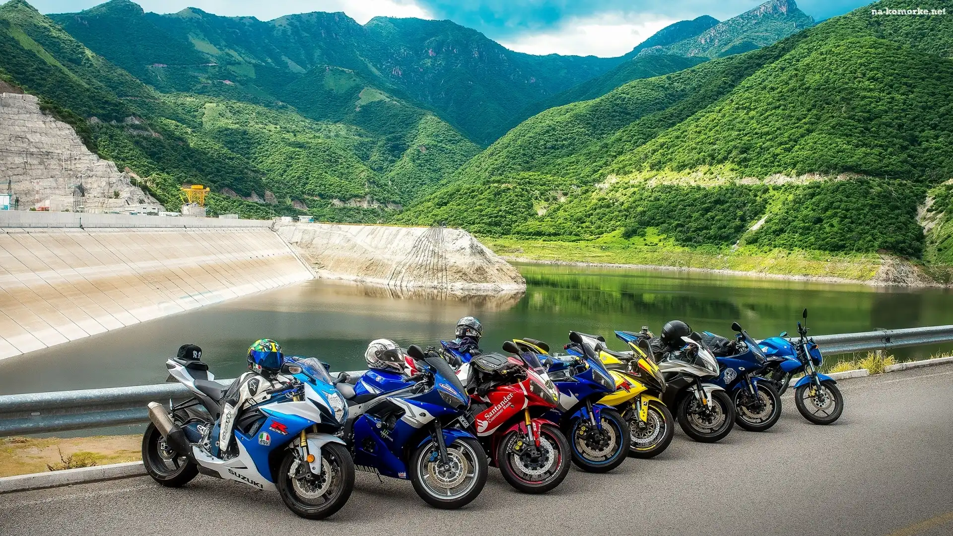 Góry, Motocykle, Droga, Zbiornik wodny