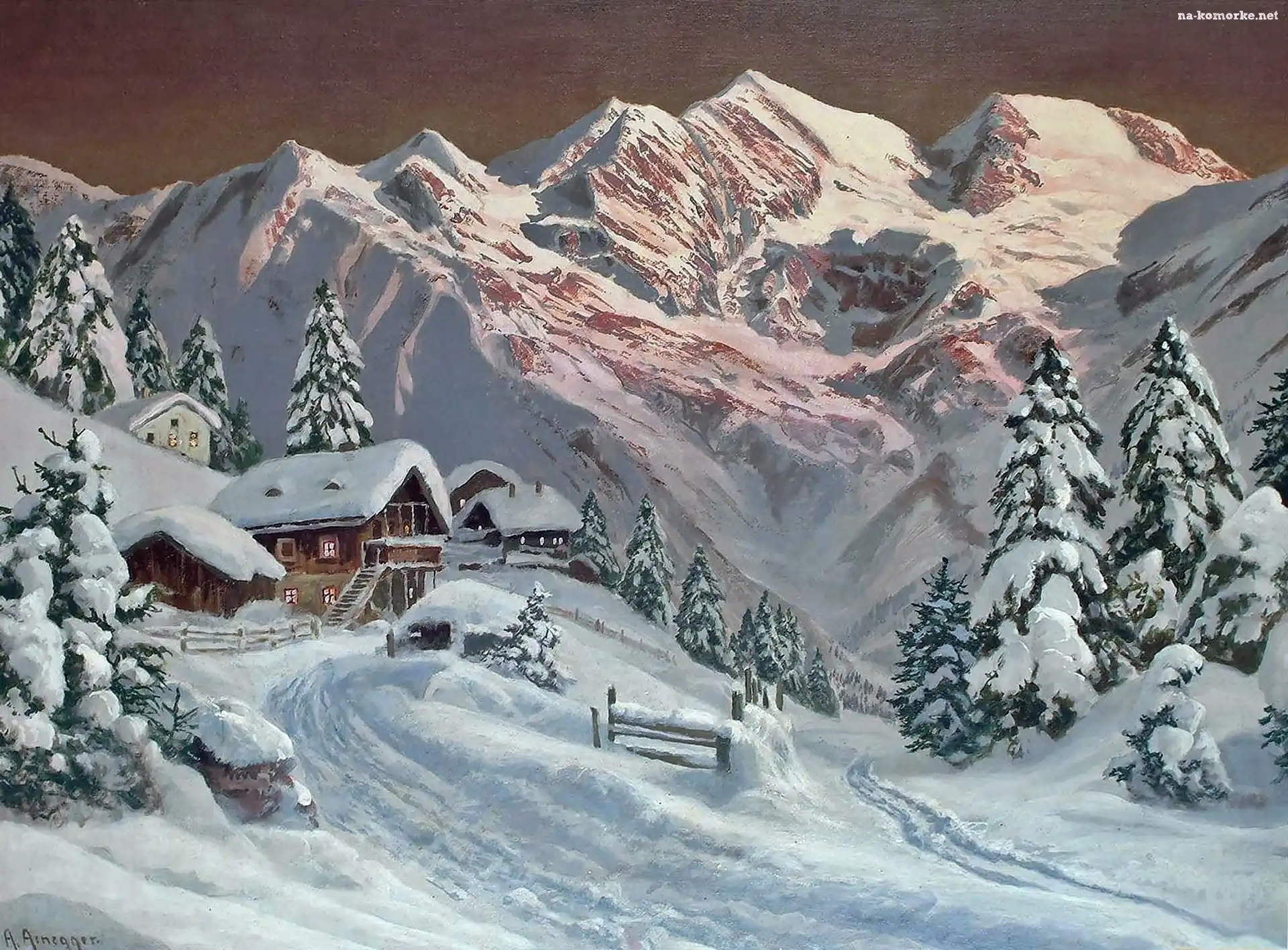 Góry, Arnegger, Alois, Świerki, Zima, Domy