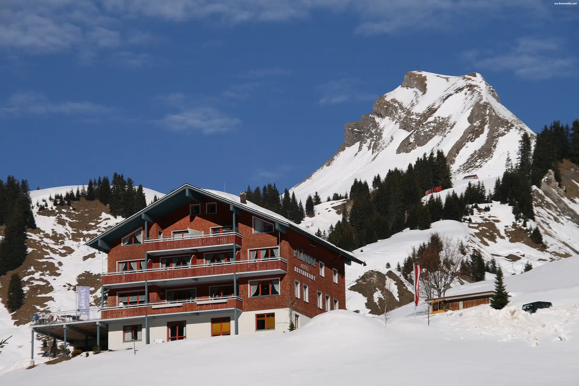 Góry, Austria, Damuls, Śnieg, Zima, Pensjonat