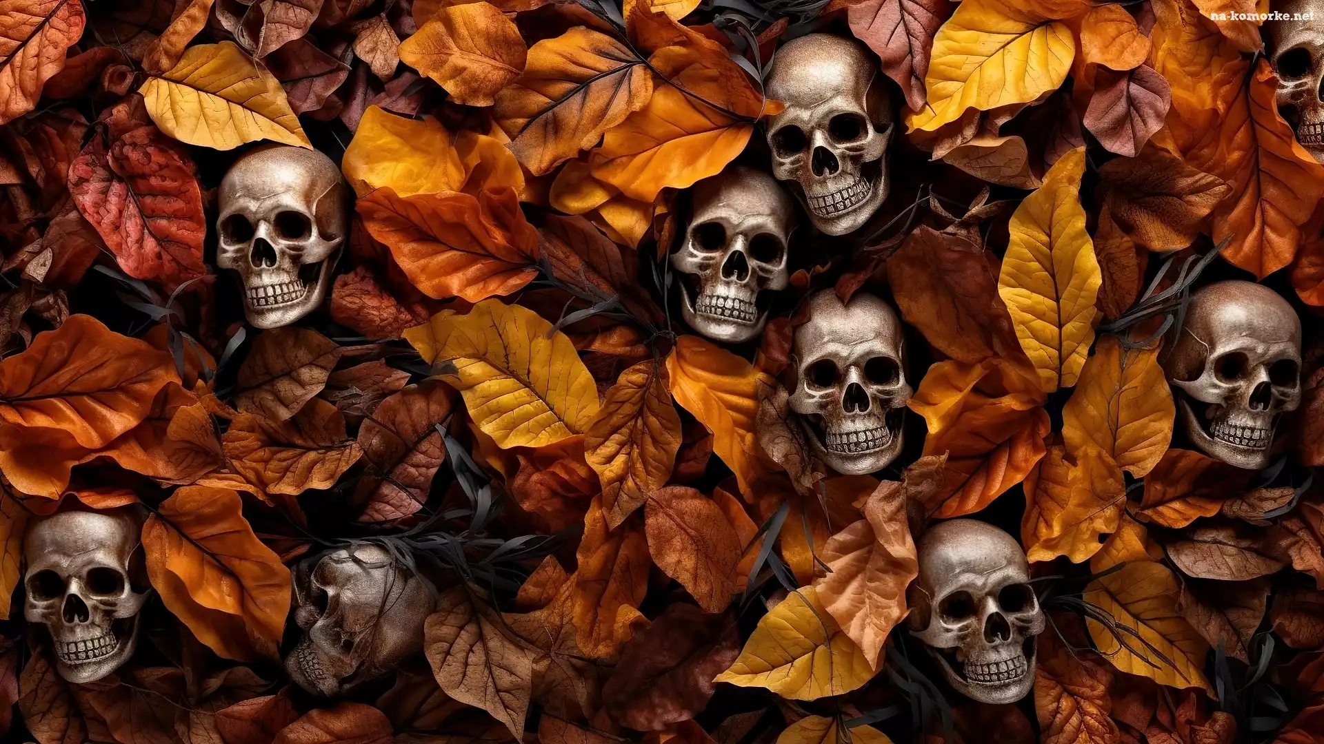 Liście, Grafika AI, Halloween, Czaszki