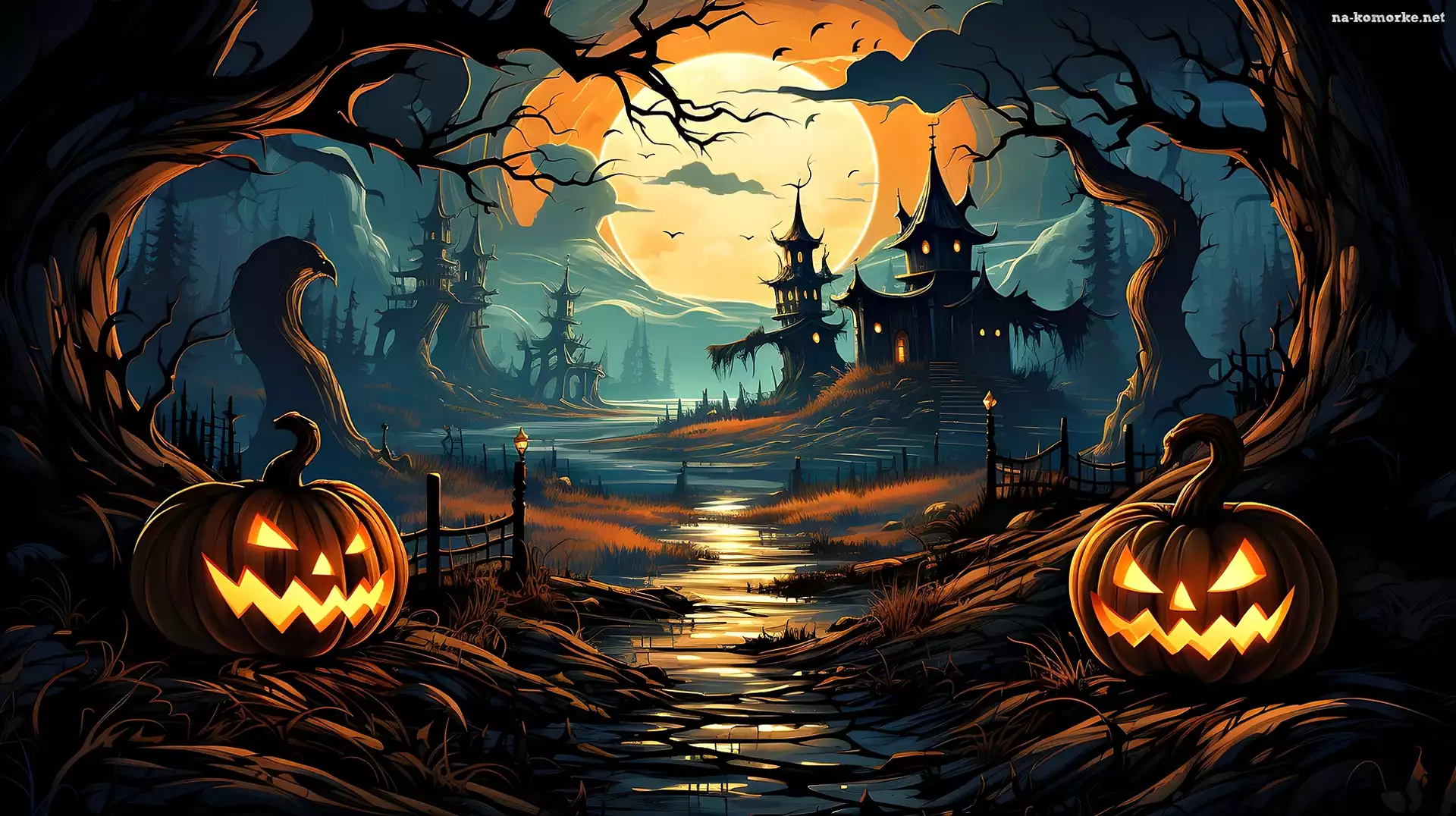 Halloween, Dynie, Zamki, Grafika, Noc, Drzewa