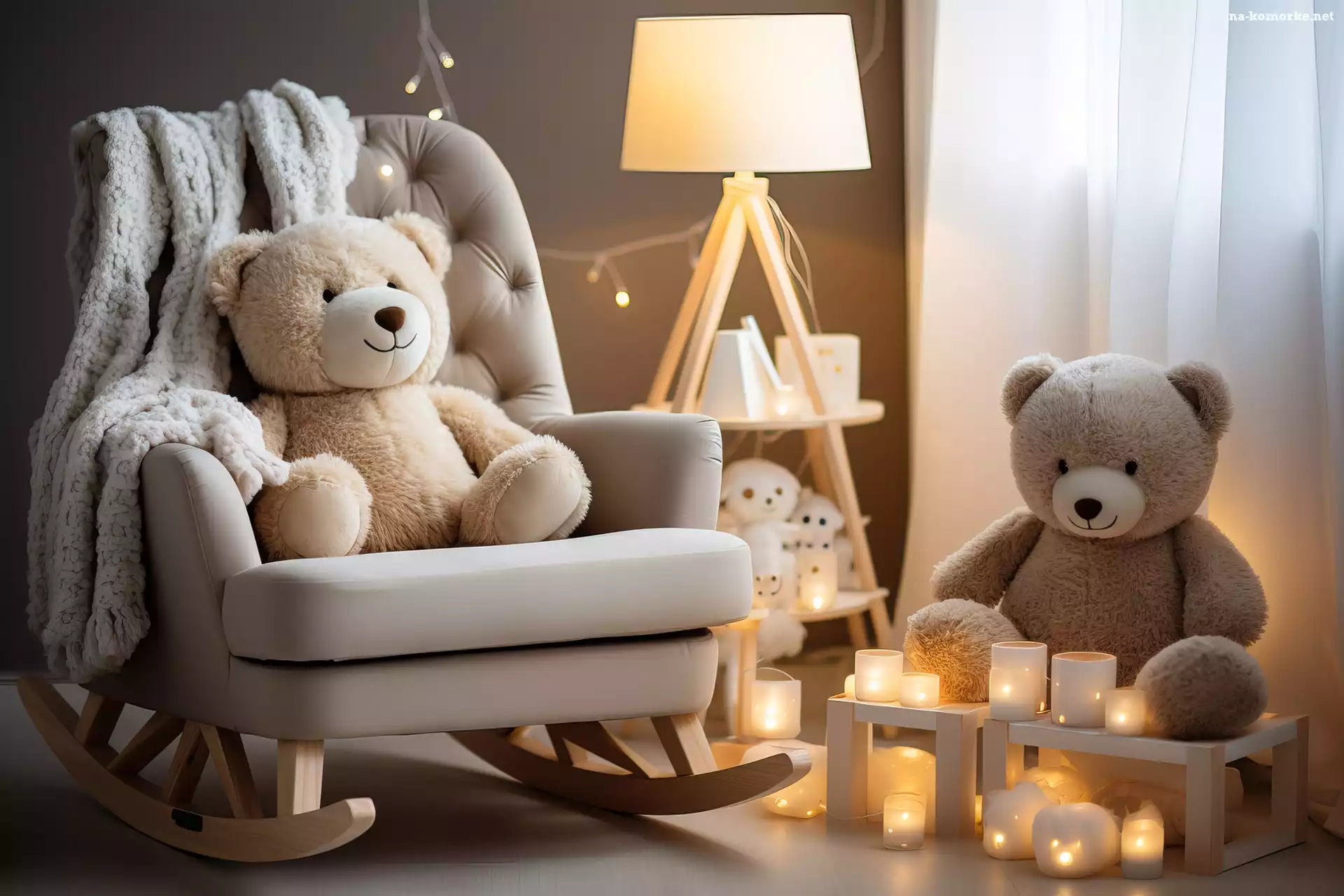Lampa, Świeczki, Dwa, Grafika, Pluszaki, Fotel, Misie