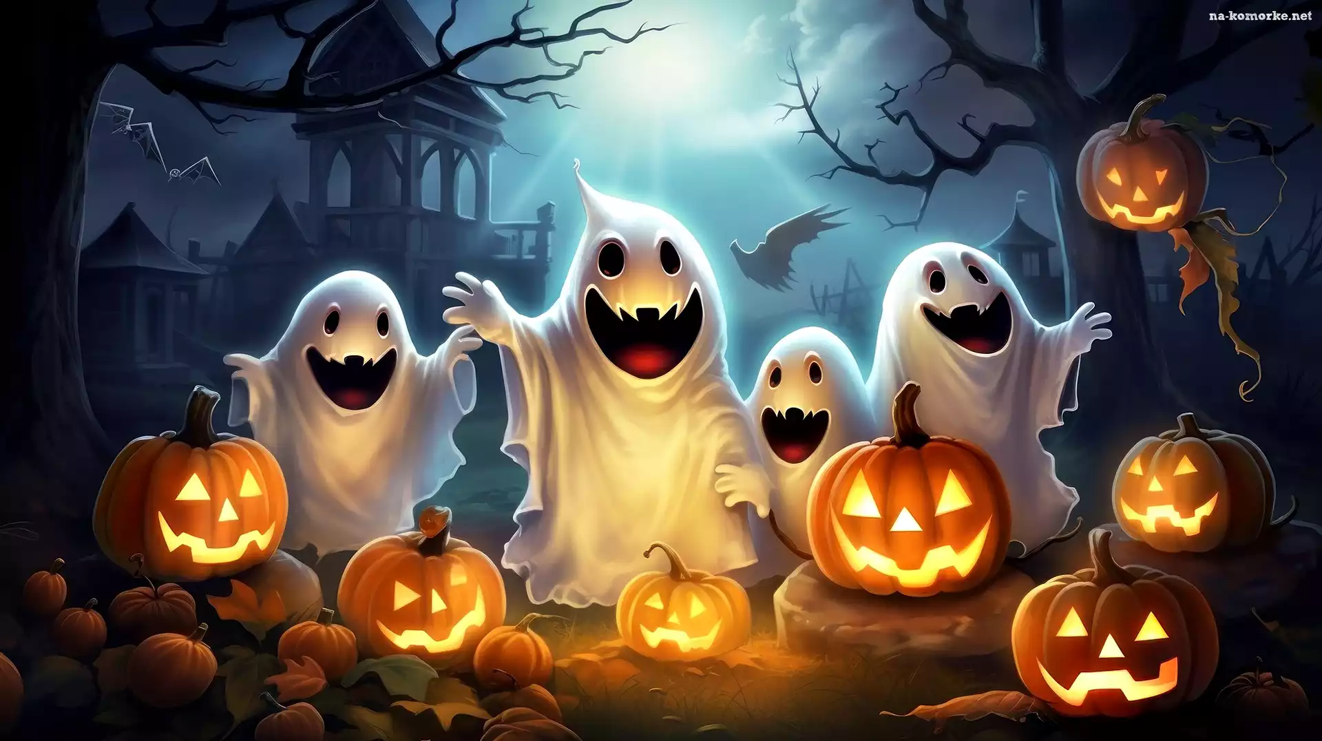 Noc, Halloween, Duchy, Grafika, Wesołe, Dynie