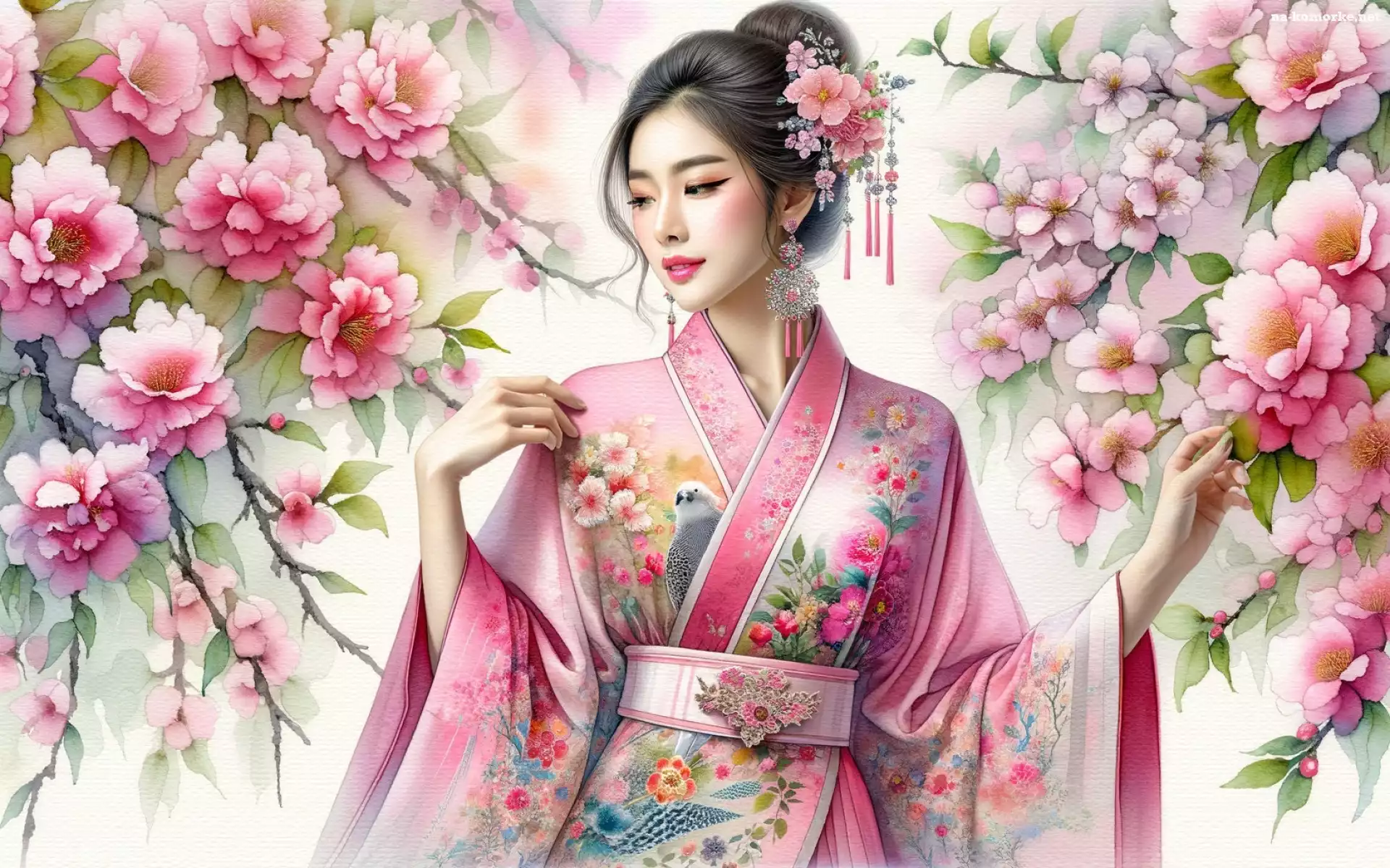 Gałęzie, Kobieta, Kwiaty, Grafika, Kimono, Gejsza