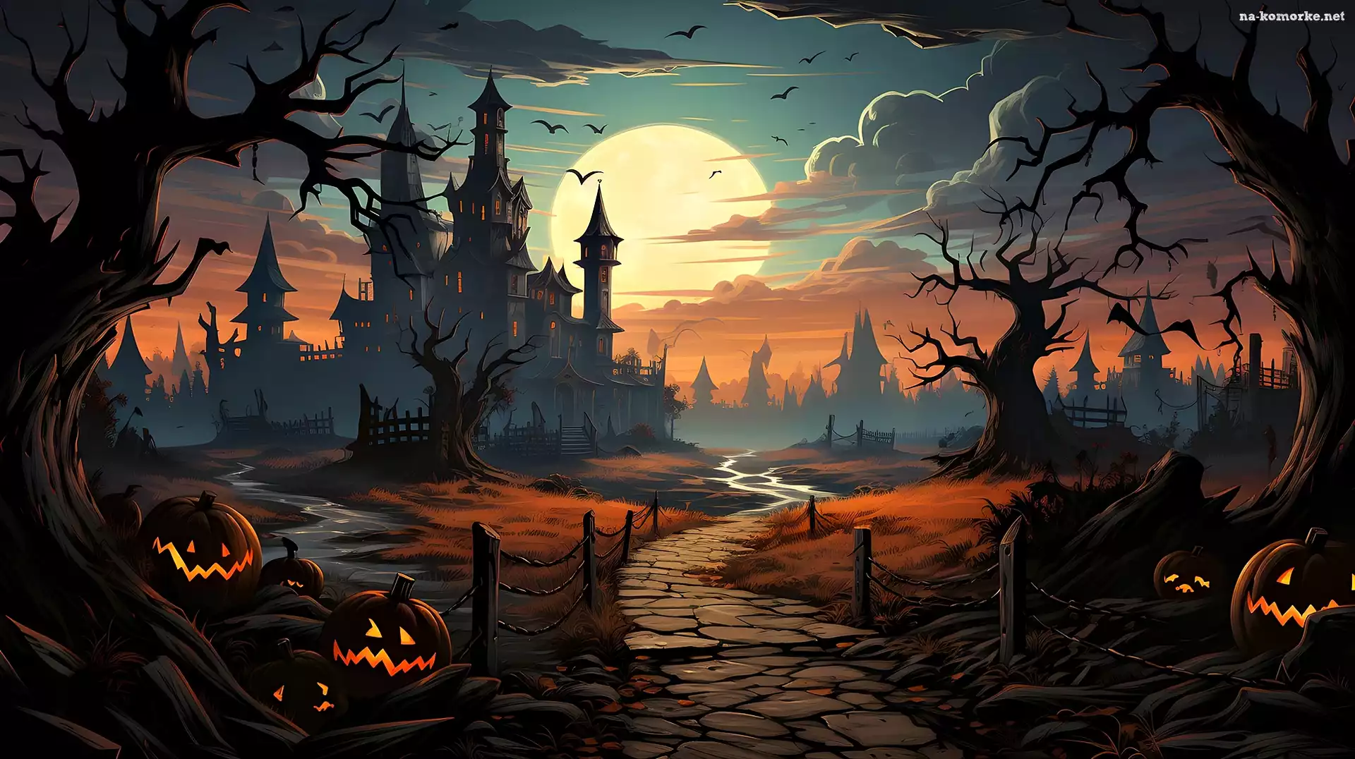 Zamek, Księżyc, Halloween, Grafika, Droga, Drzewa, Dynie
