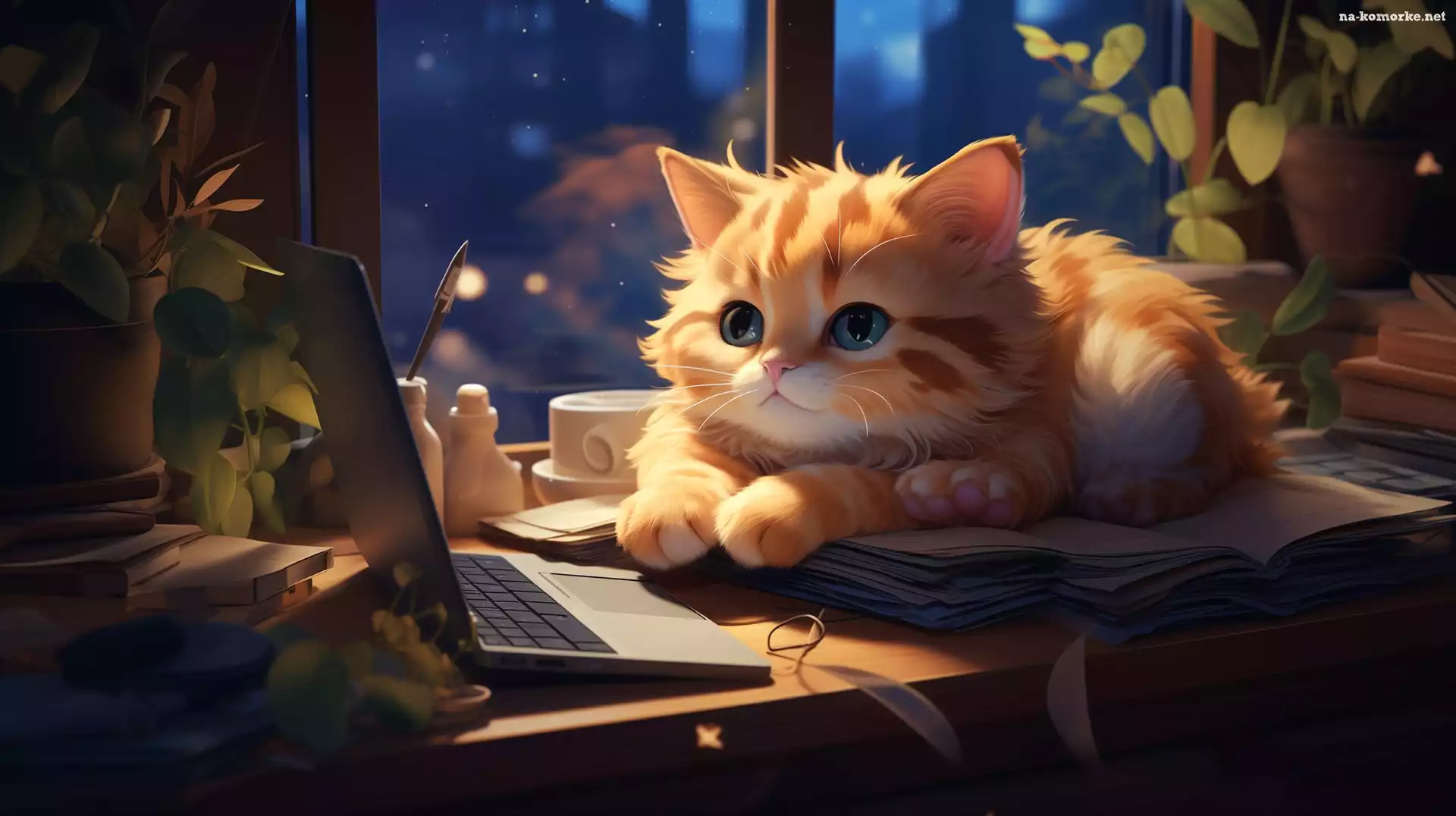 Laptop, Mały, Okno, Grafika, Biurko, Kotek