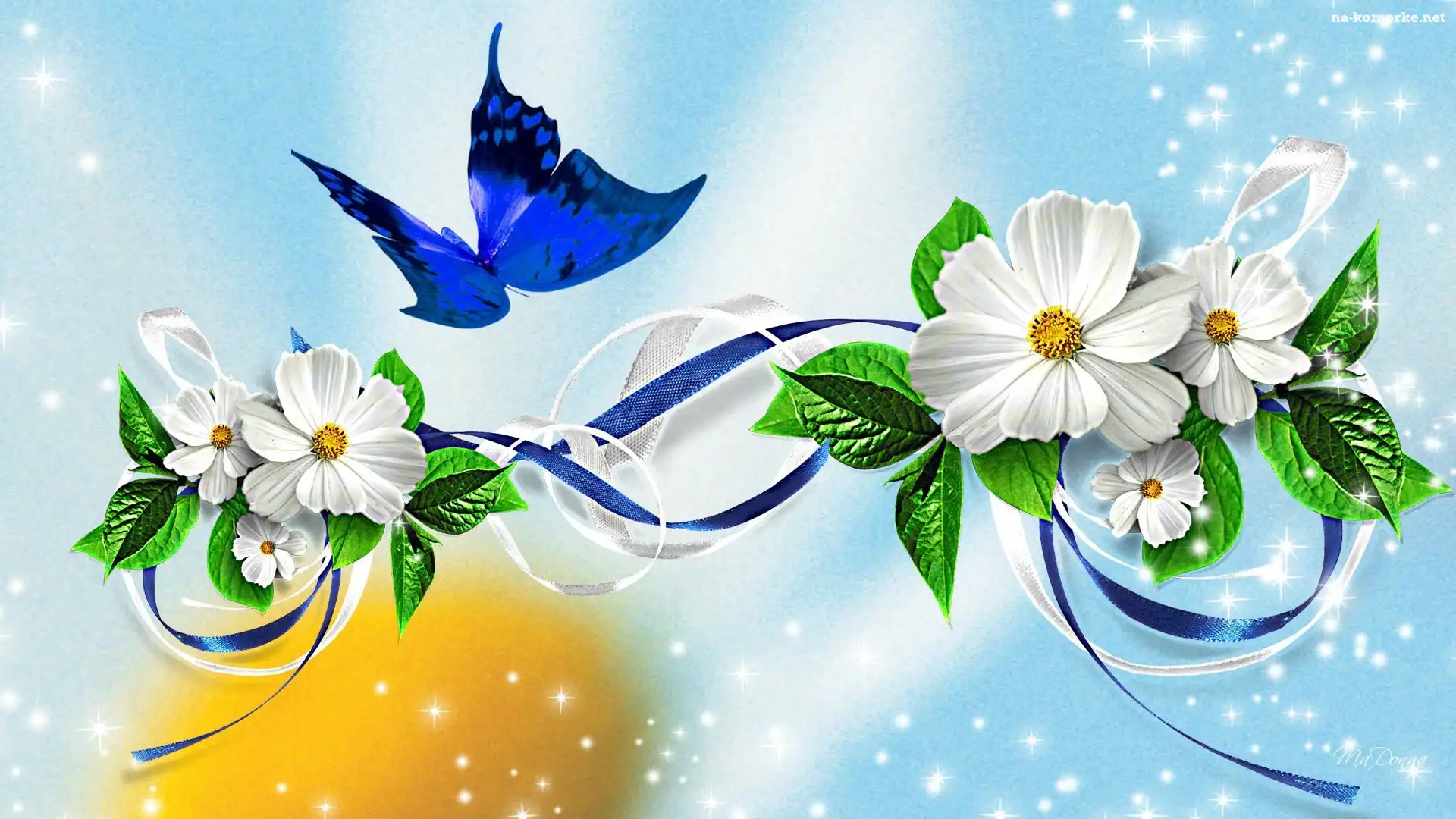 Grafika, Motyl, Kwiatki, Niebieski