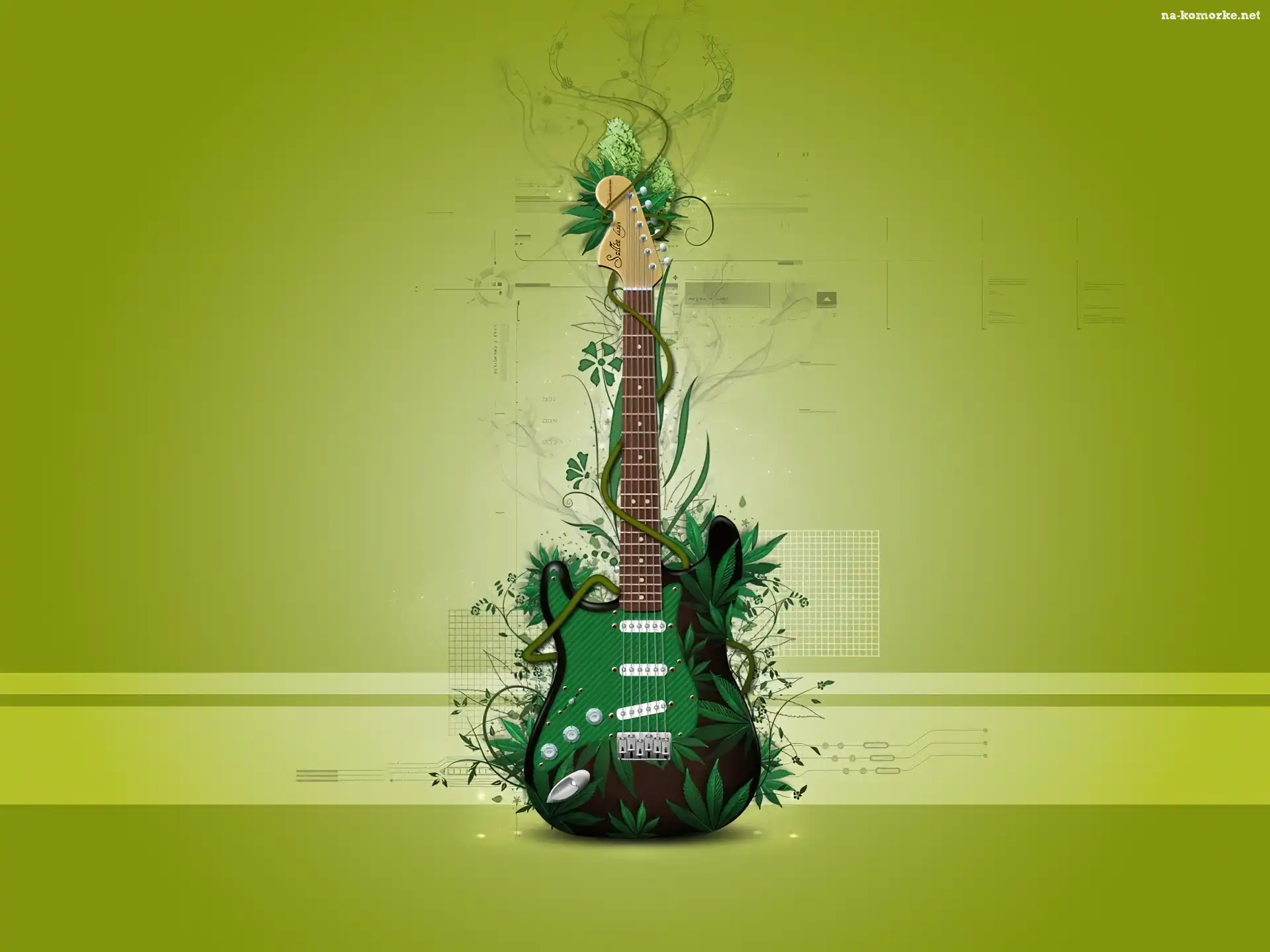 Grafika, Gitara, Zielone, Liście, Rośliny