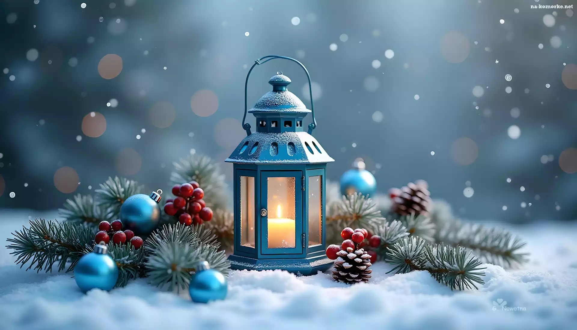 Kompozycja, Lampion, Śnieg, Grafika, Szyszki Świerkowe, Bombki