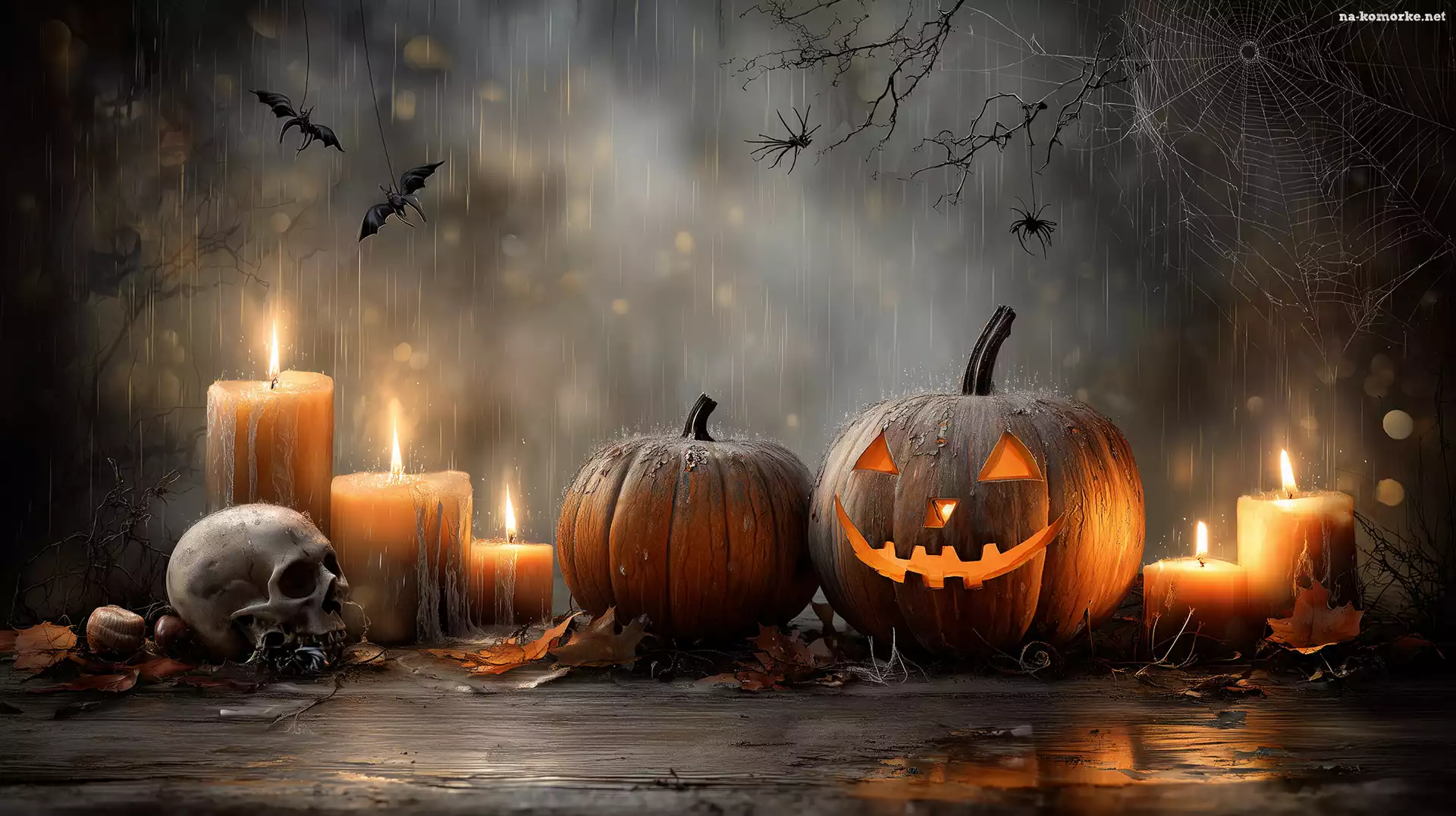 Deszcz, Halloween, Åšwiece, Grafika AI, Czaszka, Dynie
