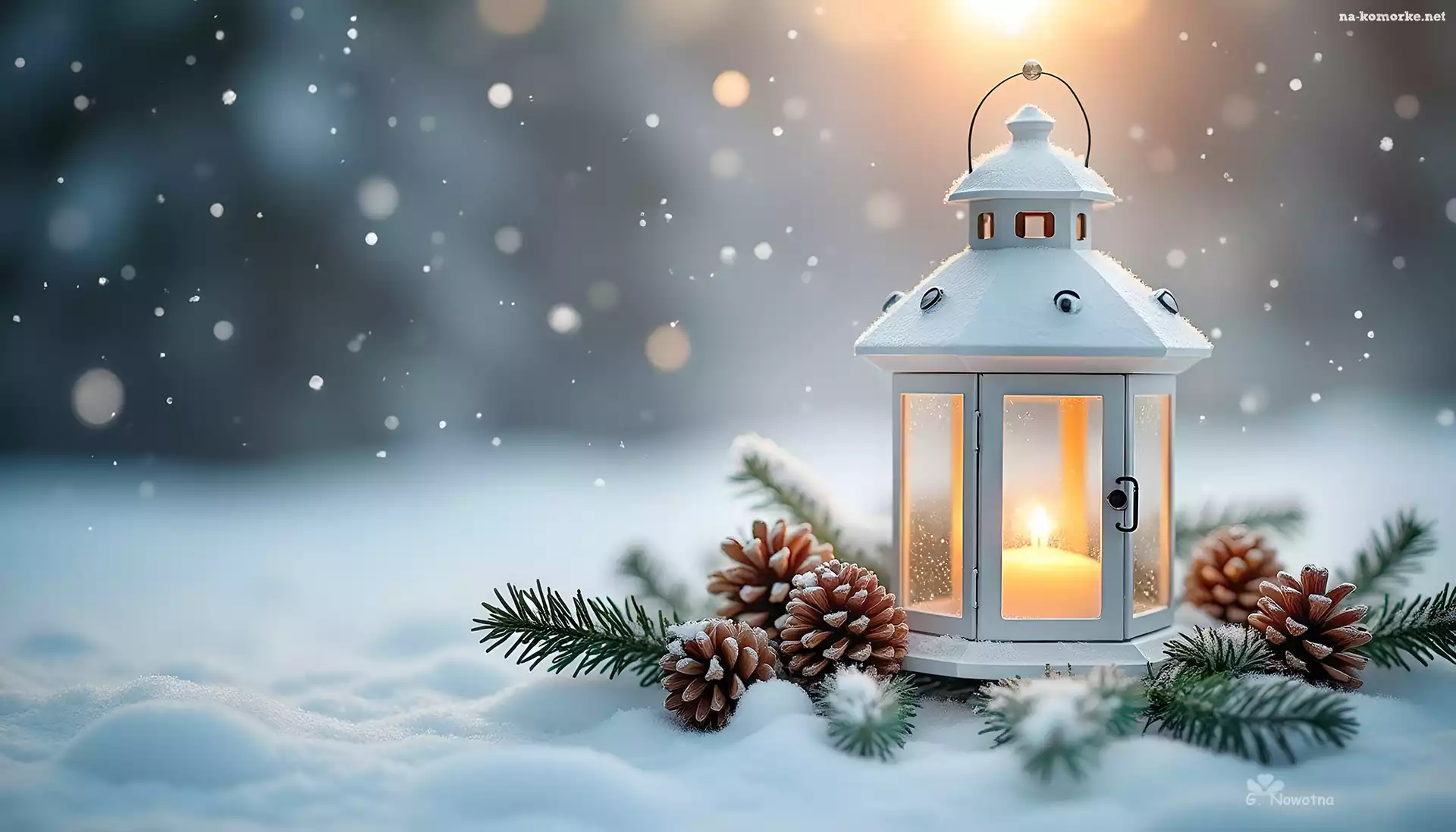 Zima, Lampion, Śnieg, Grafika, Świerk, Szyszki