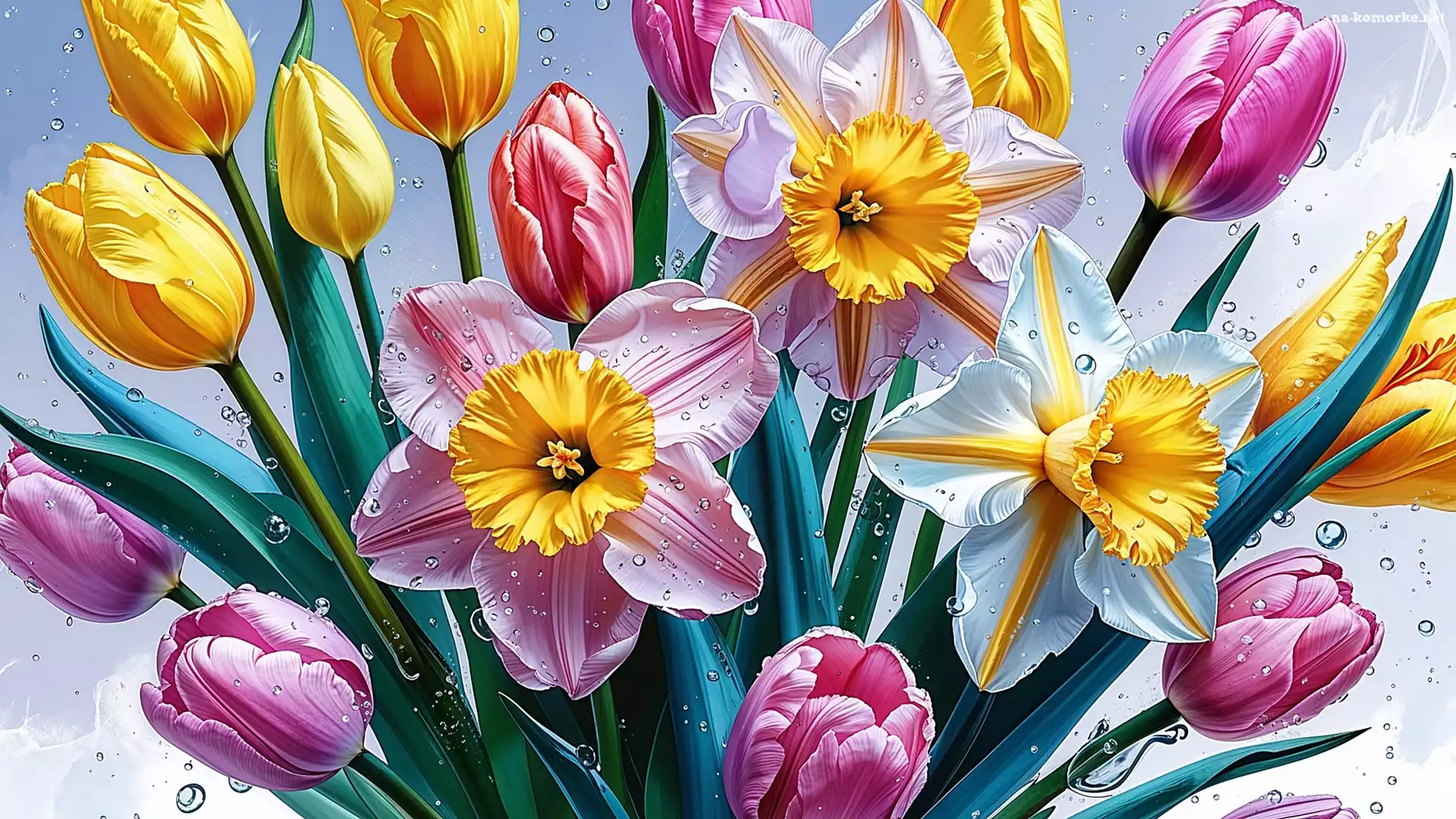 Krople, Narcyzy, Kwiaty, Grafika, Kolorowe, Tulipany