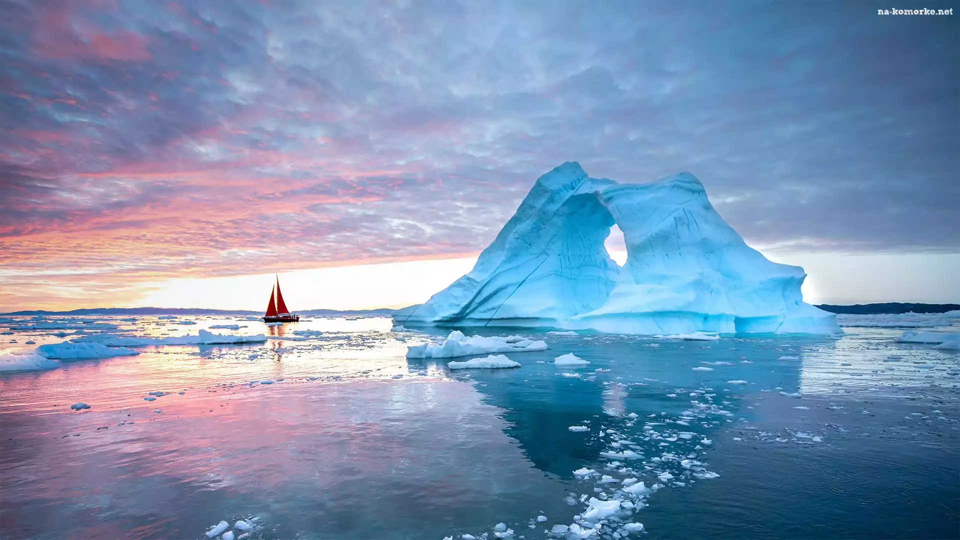 Góra lodowa, Grenlandia, Zatoka, Dania, Żaglówka, Disko Bay, Wschód słońca, Ilulissat