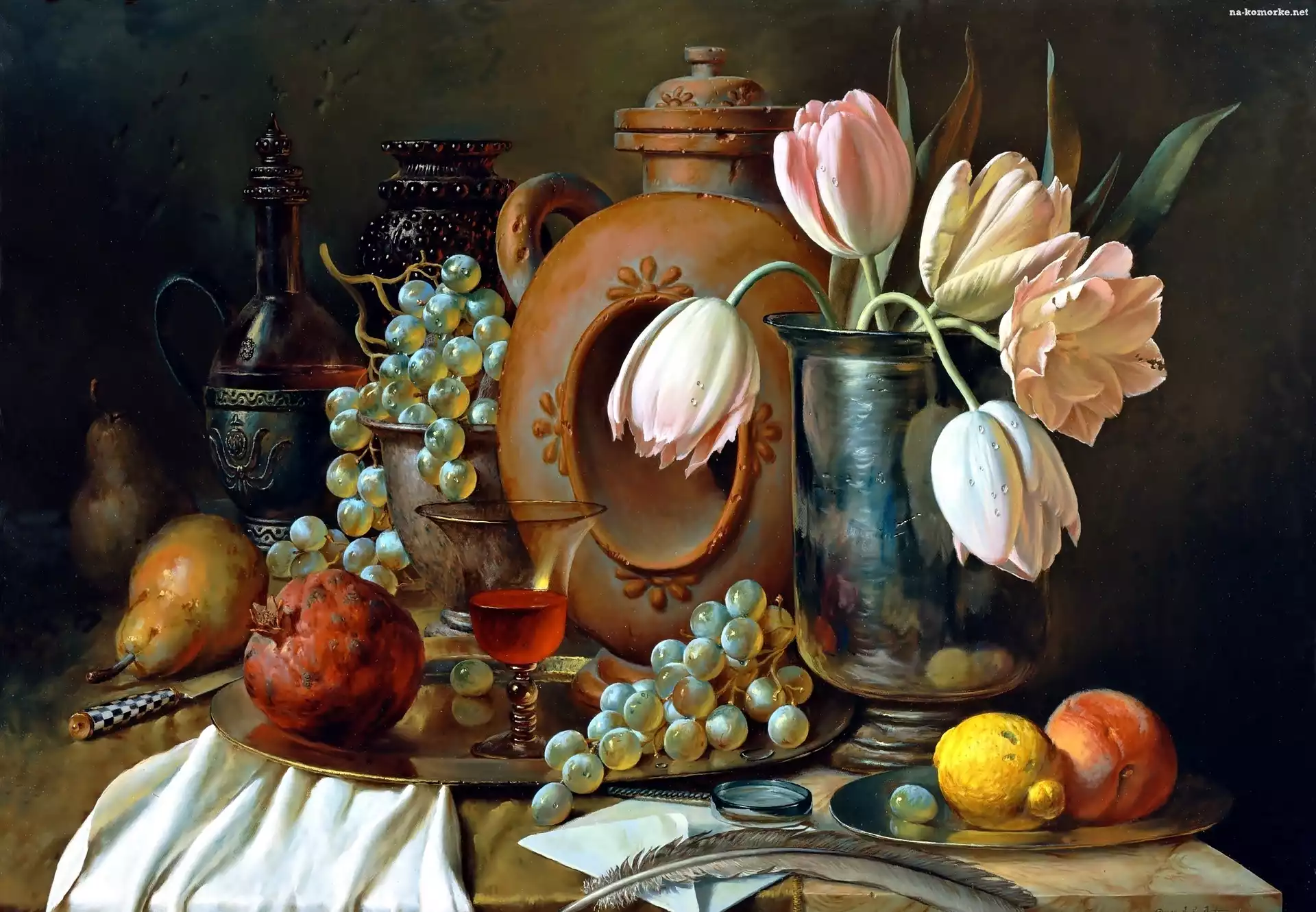 Malarstwo, Gruszka, Kompozycja, Winogrona, Obraz, Tulipany, Owoce, Granat