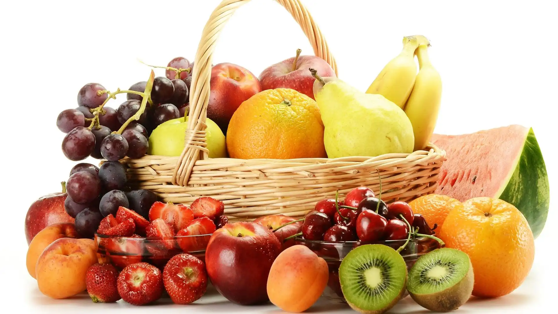 Kosz, Wiśnie, Banany, Truskawki, Pomarańcze, Kiwi, Owoców, Winogrona, Jabłka, Gruszki