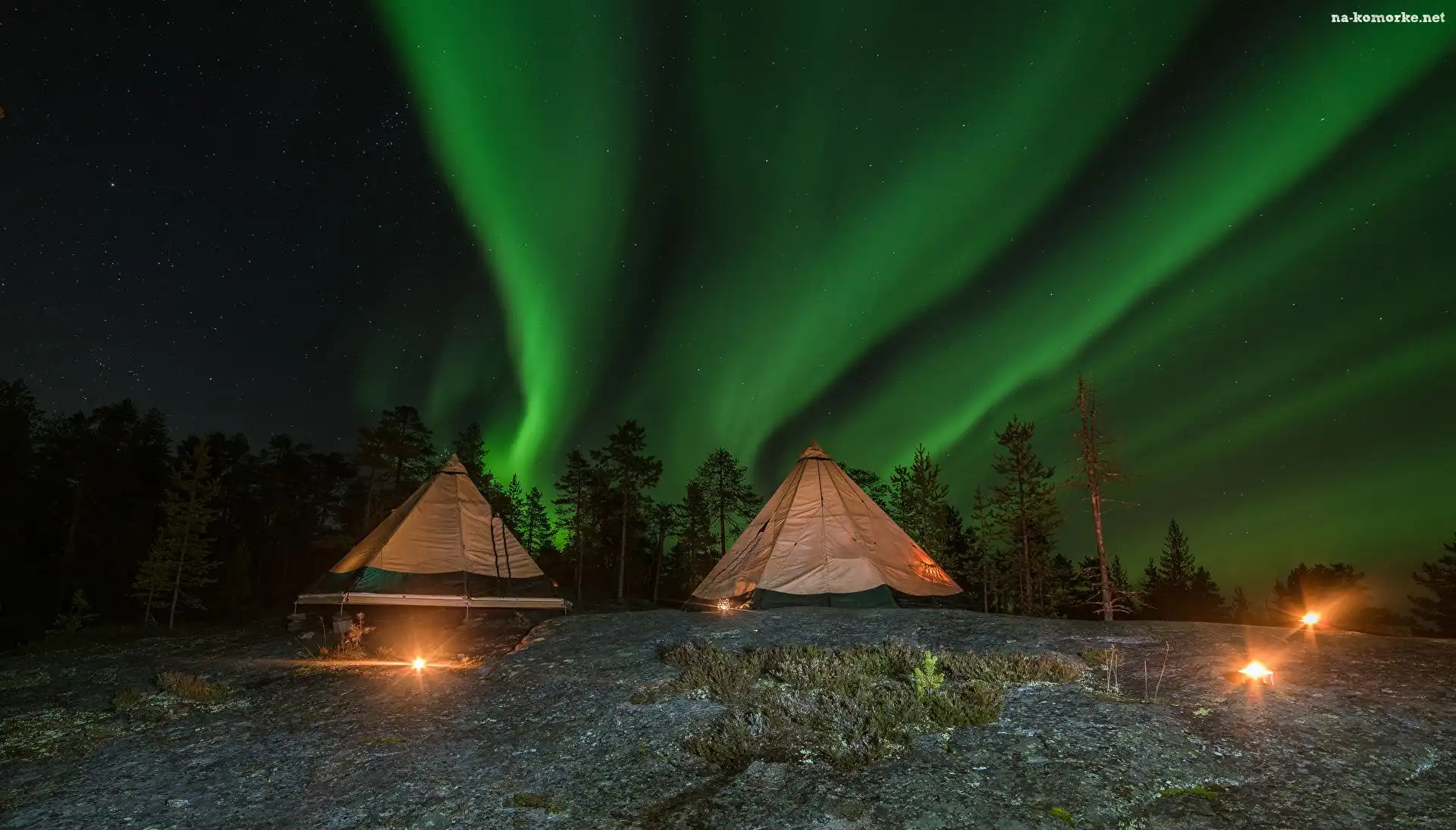 Gwiazdy, Finlandia, Laponia, Zorza polarna, Namioty