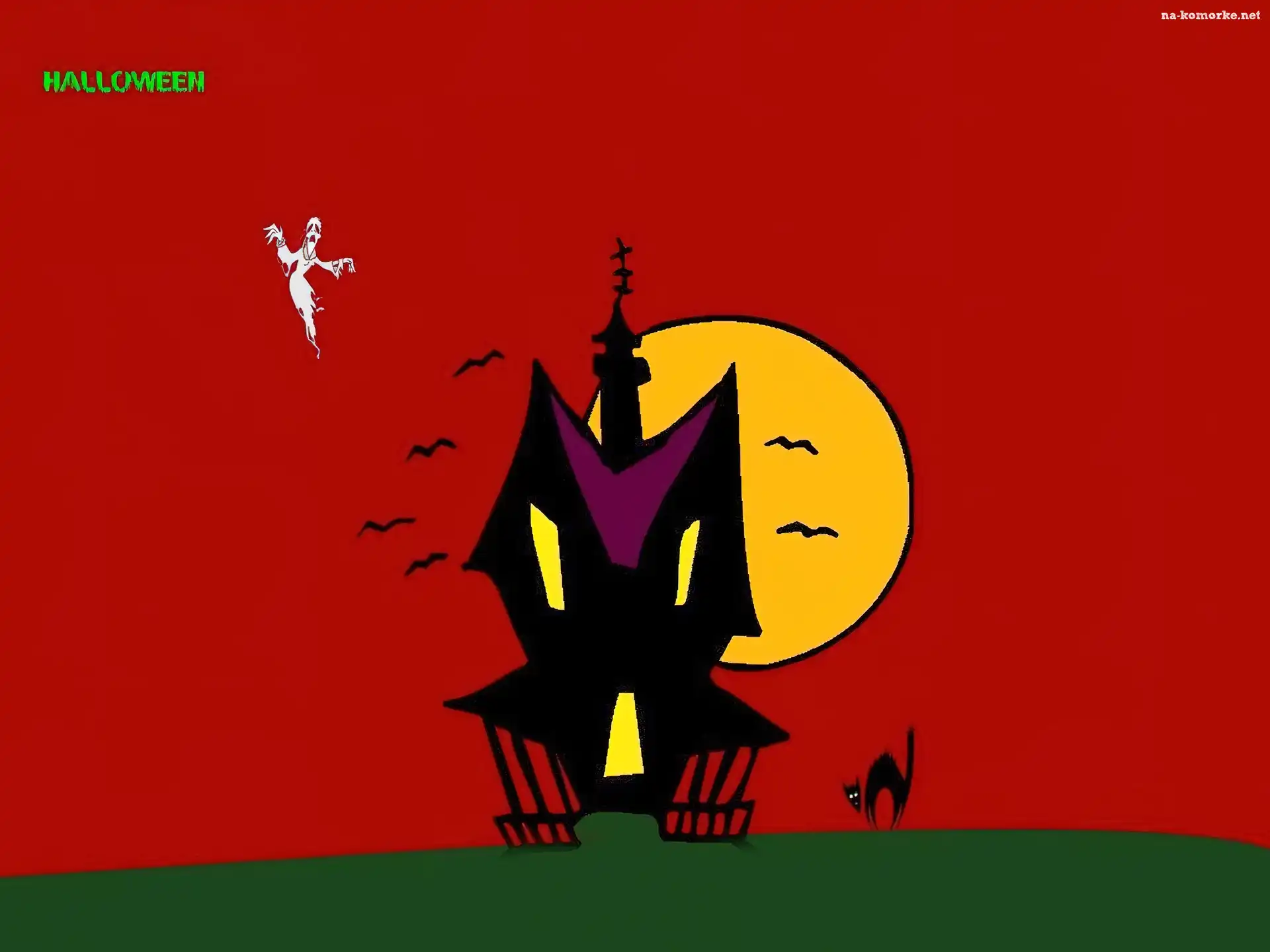 Halloween, kot, domek, księżyc